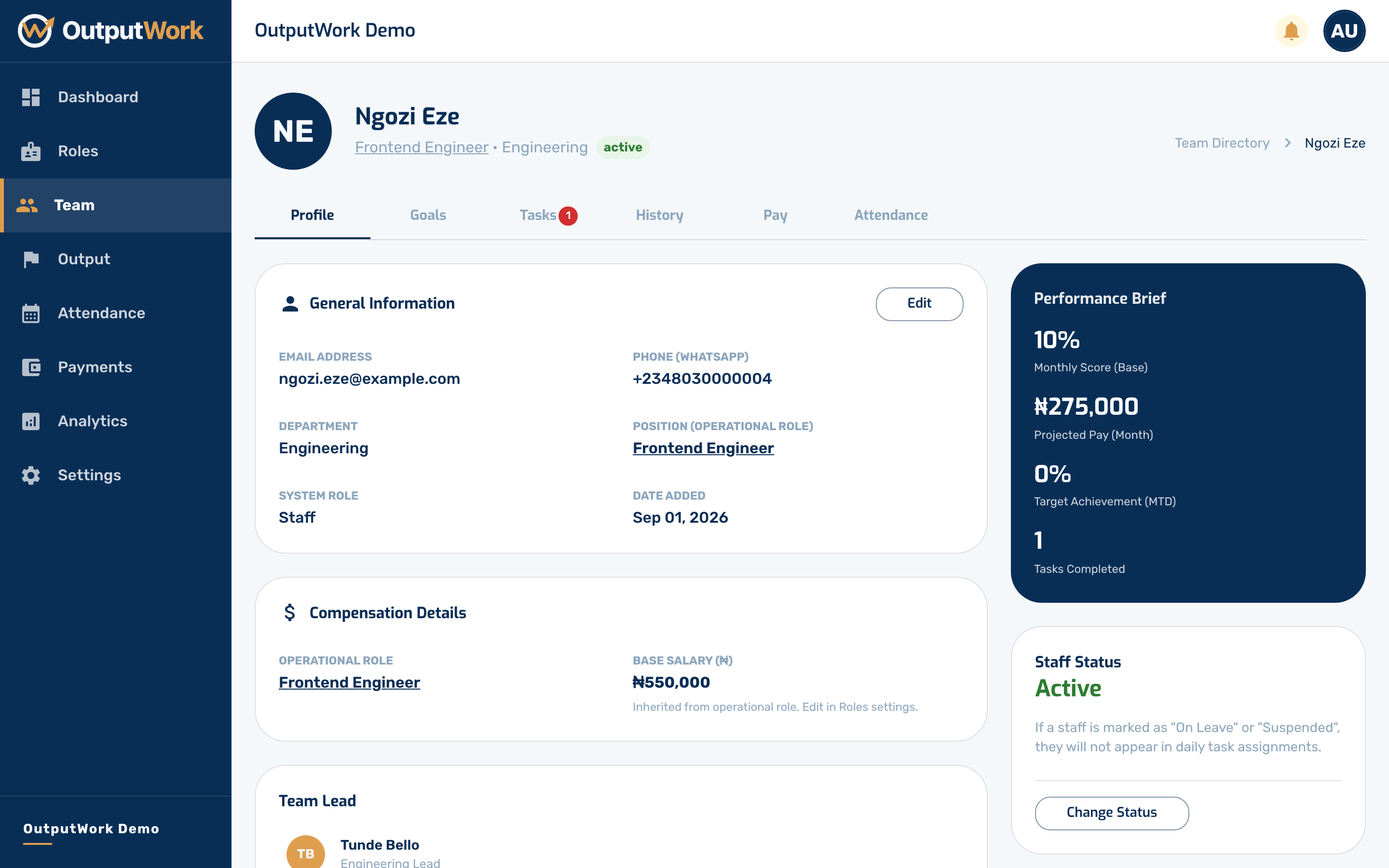 Their page gathers everything about one person in one place: their role and department, the tasks and goals they are working on, their attendance record, and their pay.