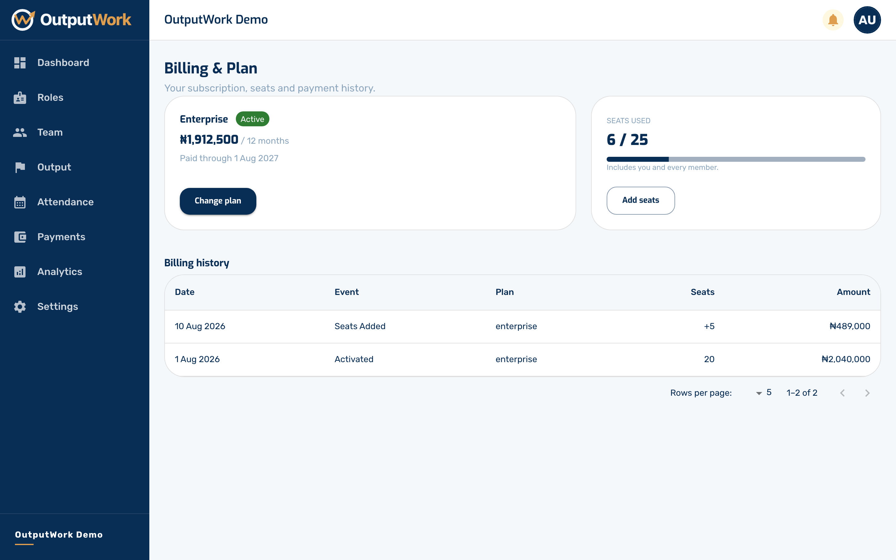 Billing & Plan shows your current plan, when it renews, how many of your seats are in use, and your payment history. A seat is one person in your workspace.