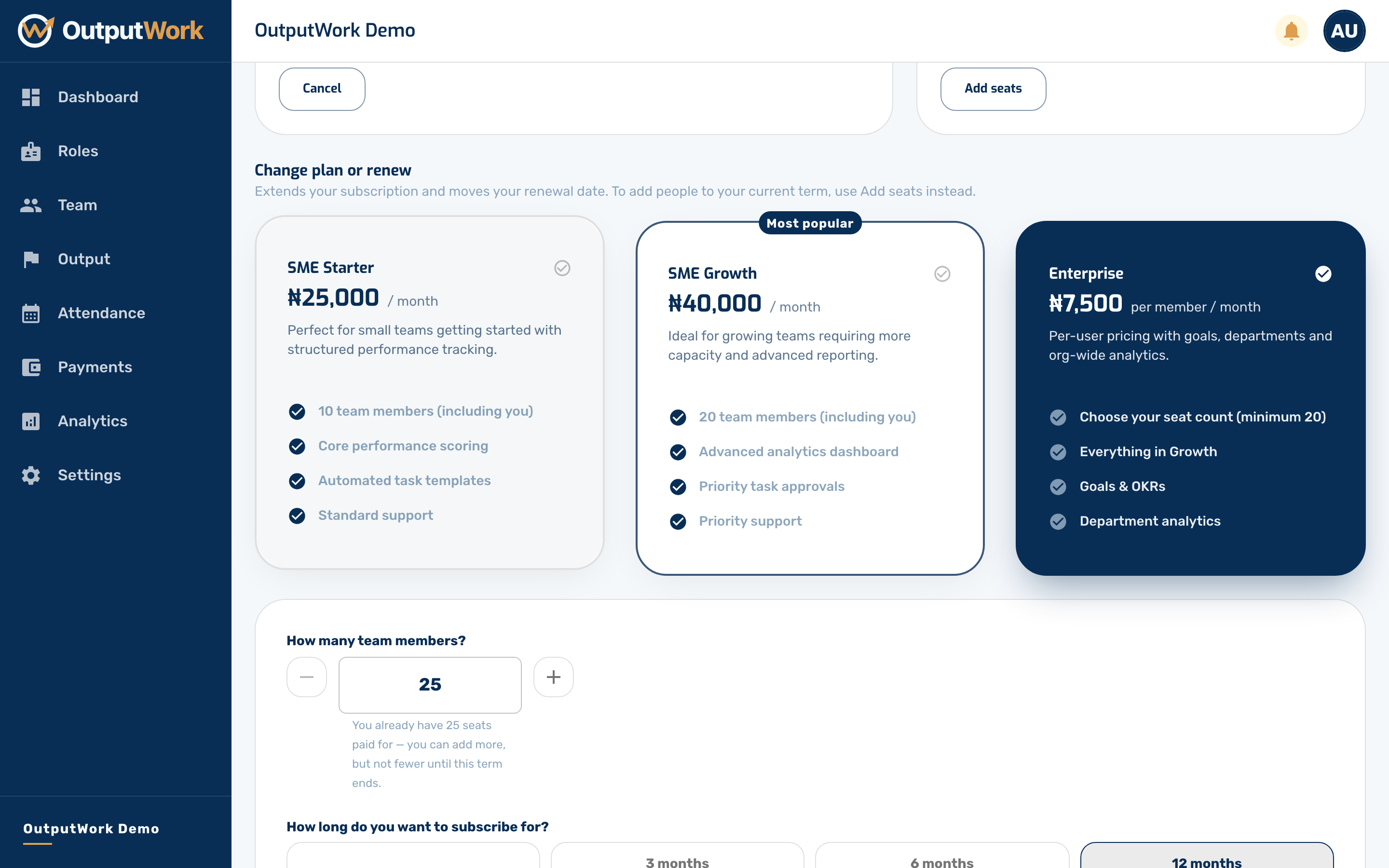 Change plan opens the plan chooser again. Use it to move between plans, or to renew — renewing extends your subscription and moves your renewal date forward.