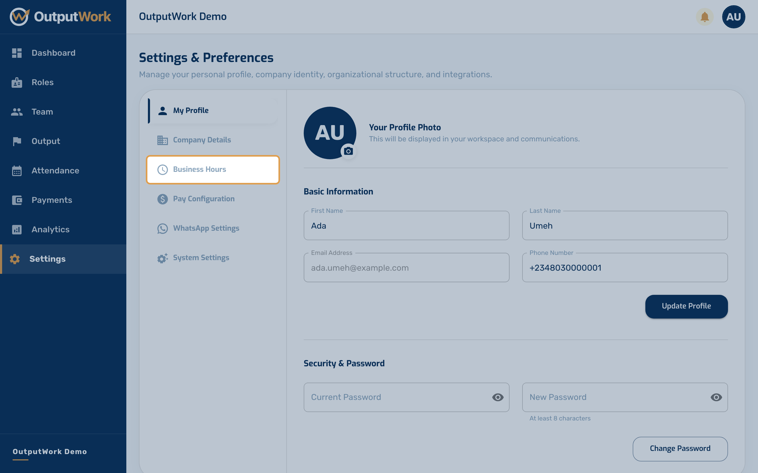 Go to Settings from the sidebar and open the Business Hours section.