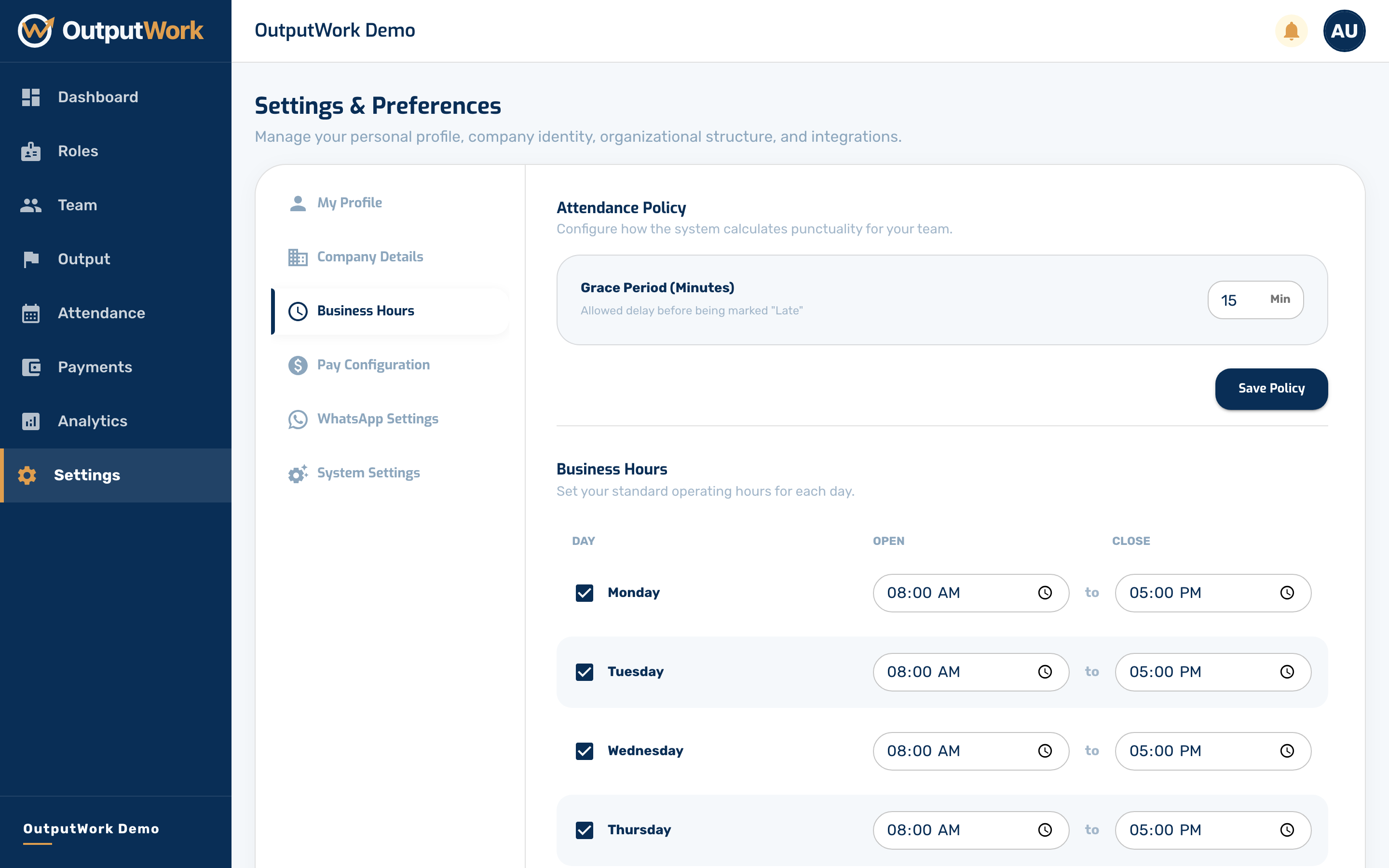 Set your operating schedule across the working week: