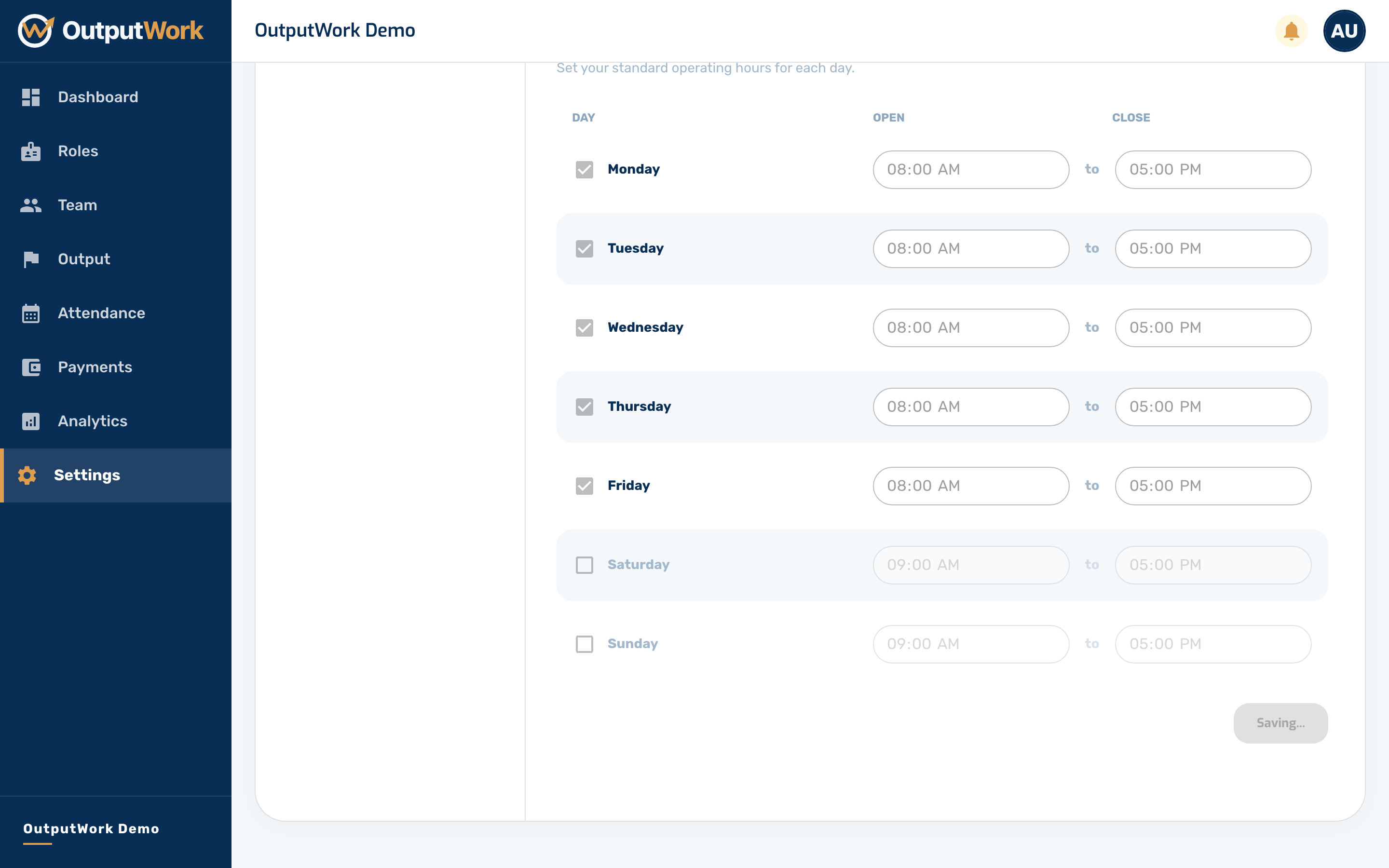 Click Save Business Hours (and Save Policy for the grace period). OutputWork uses these to flag late arrivals on Attendance. Only a day's first clock-in can be late, so coming back from lunch never co