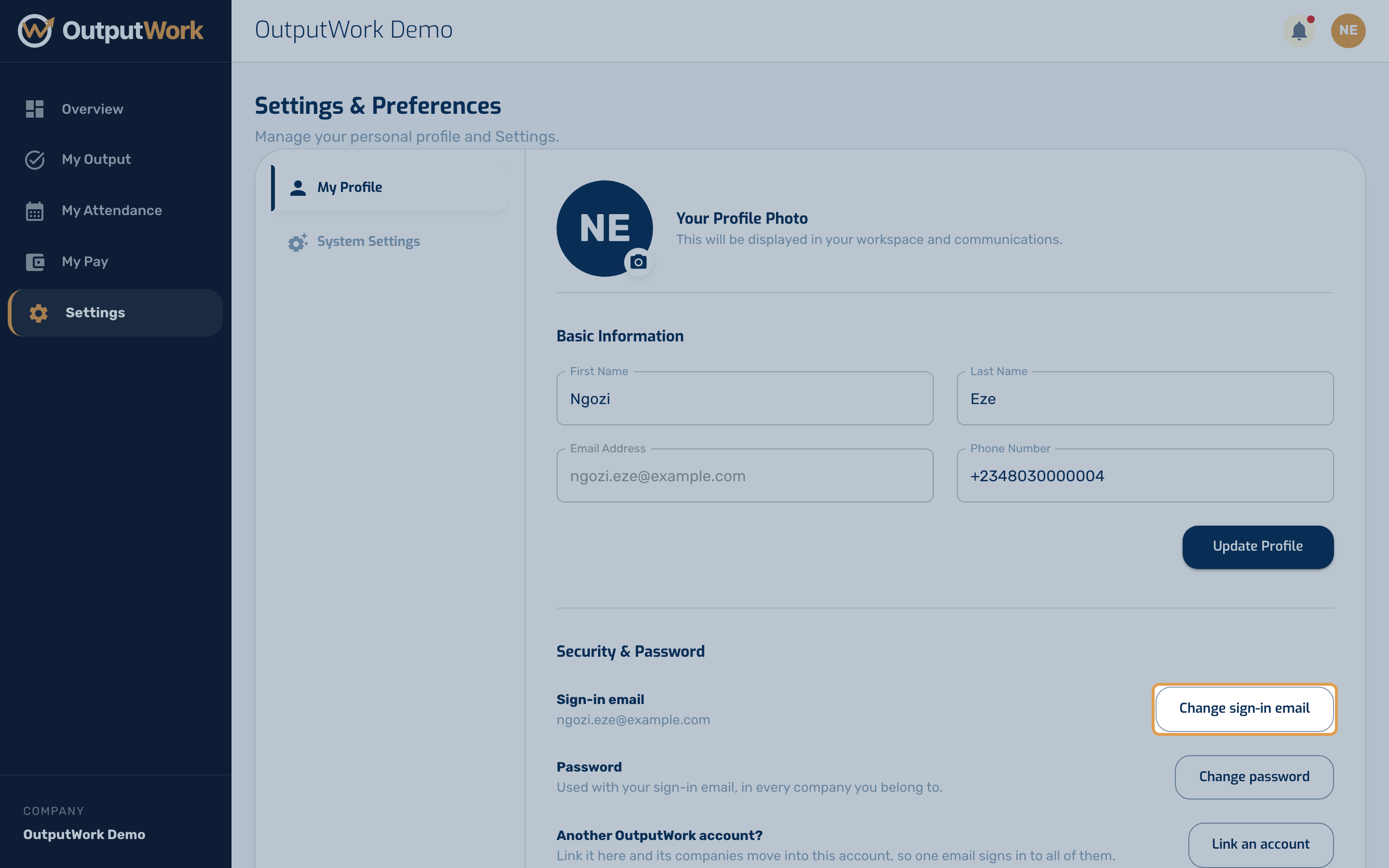 The email you sign in with is yours, and the same in every company you belong to, so only you can change it. Open Settings: under My Profile, Security & Password shows your Sign-in email. Click Change