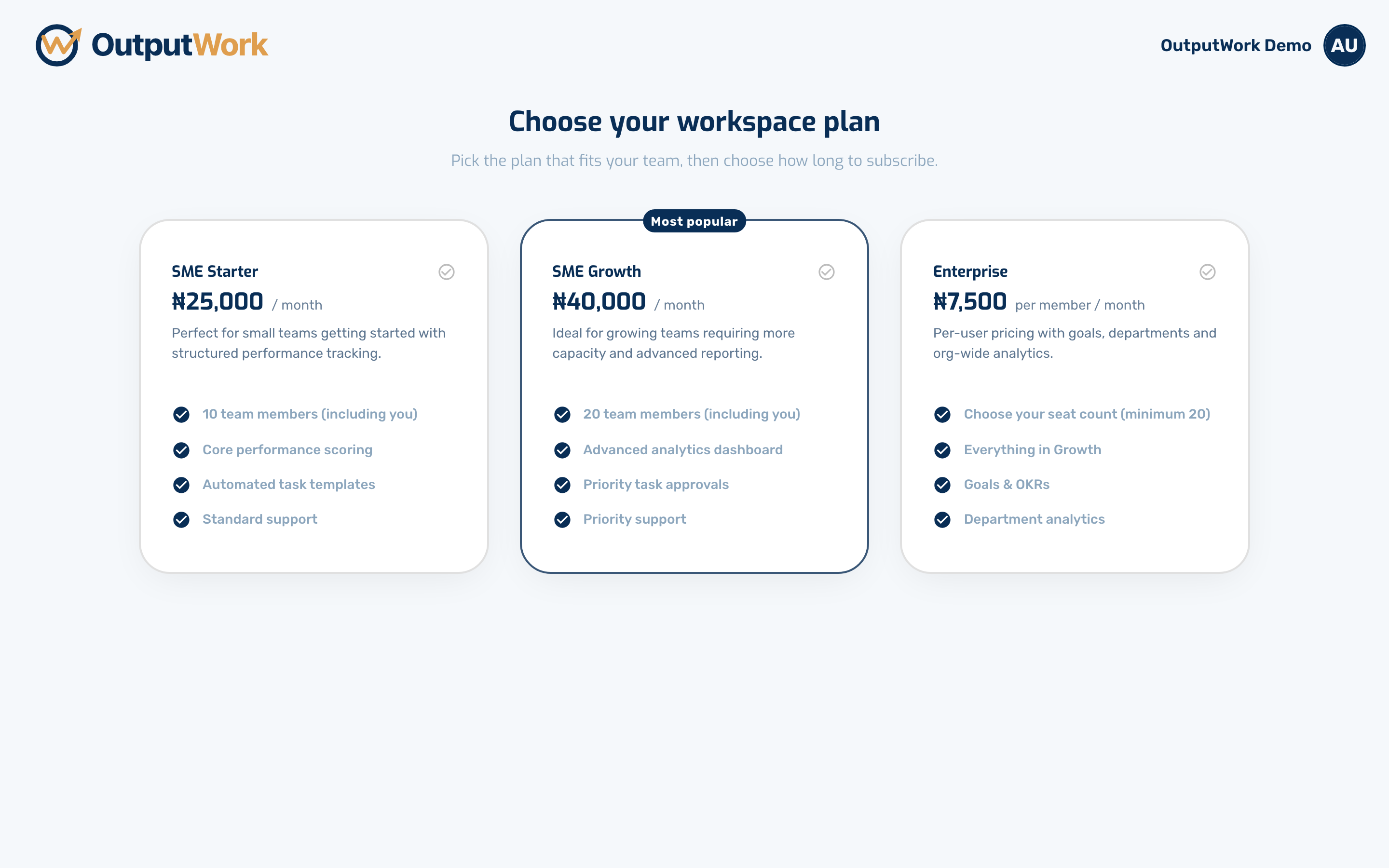 The first time you sign in, OutputWork asks you to choose a plan before your workspace opens. You are shown every plan with what it includes.