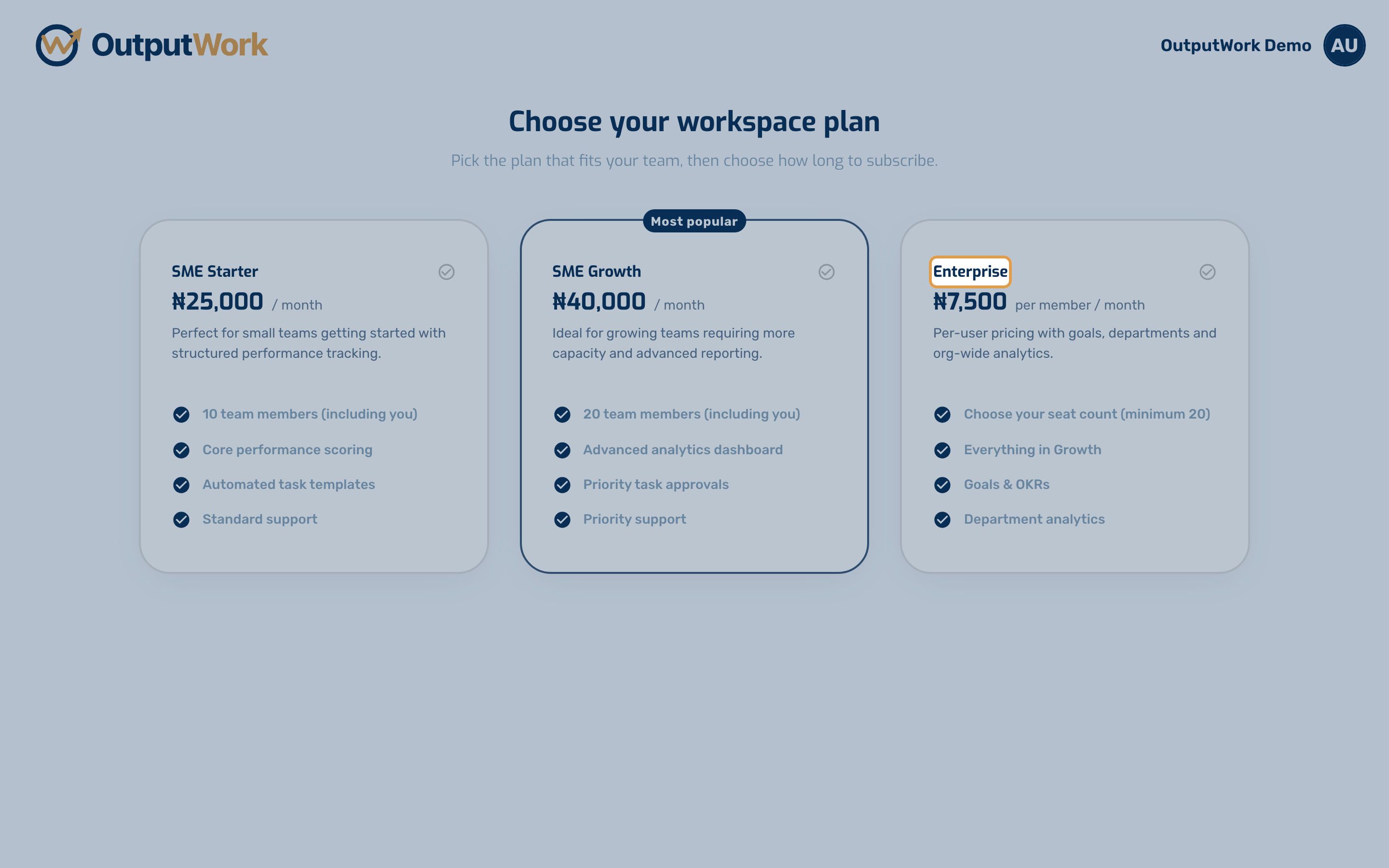 The SME plans come with a fixed number of team members. Enterprise is priced per seat, and is the plan that adds Goals alongside tasks, plus department analytics.
