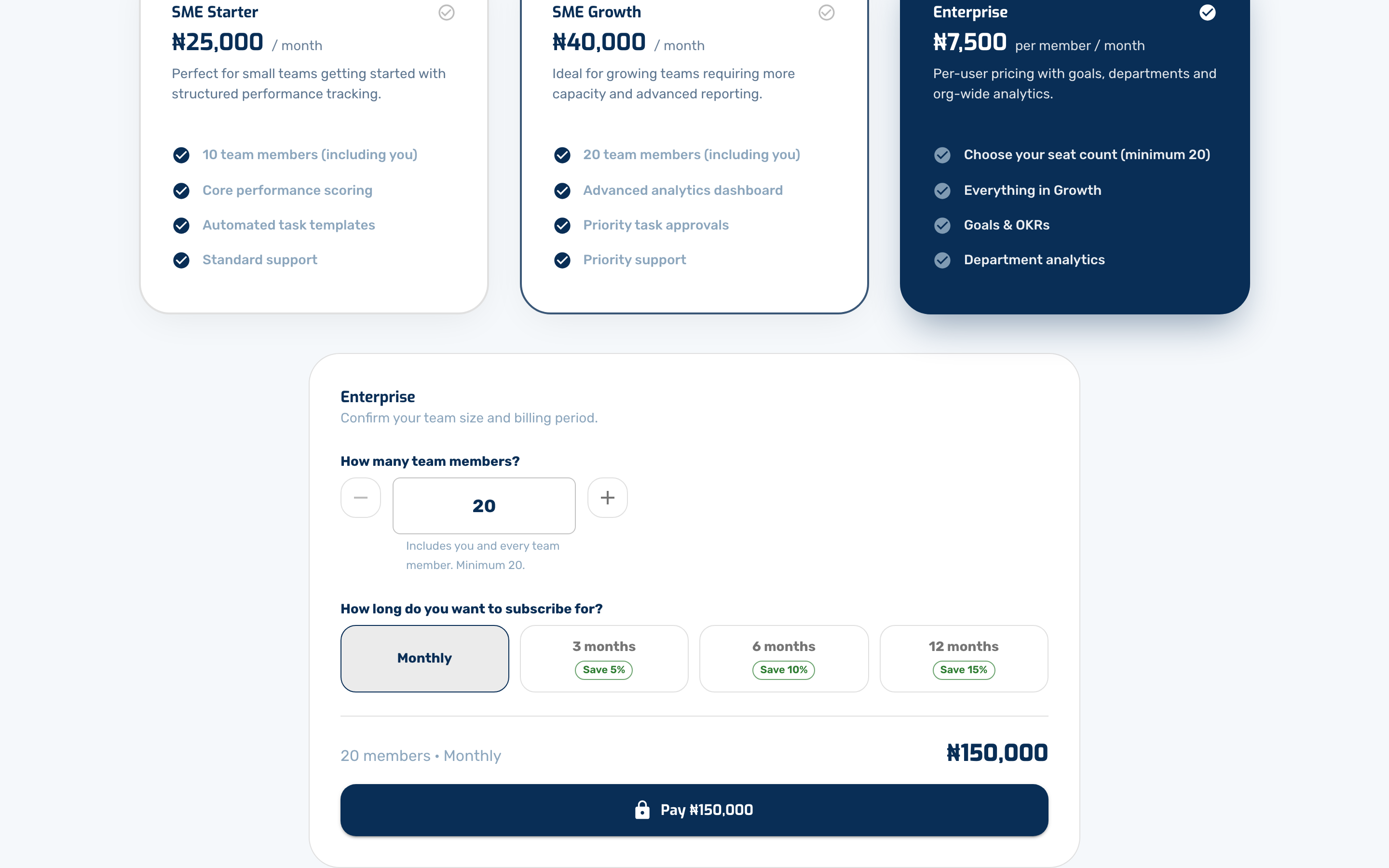 Selecting a plan opens the next step underneath. On Enterprise you choose how many seats you need — one per person, minimum 20 — and the price updates as you change it.