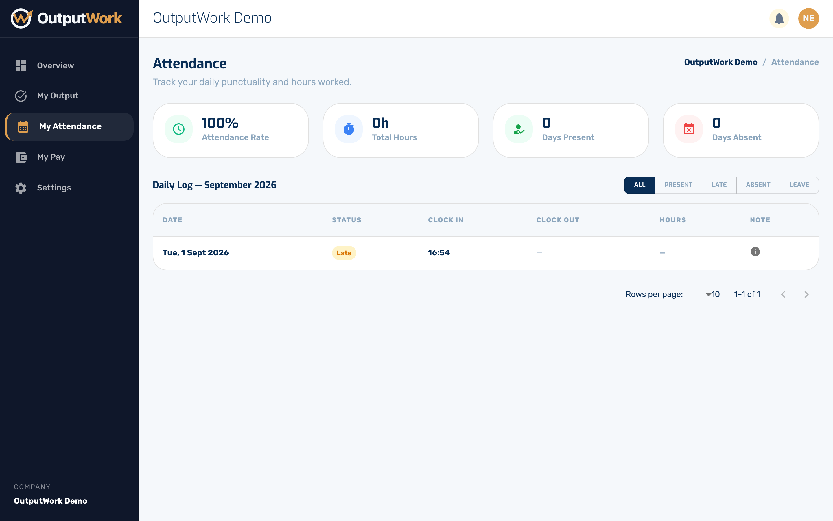 My Attendance shows your history — the days you worked, the hours, and whether you were on time.