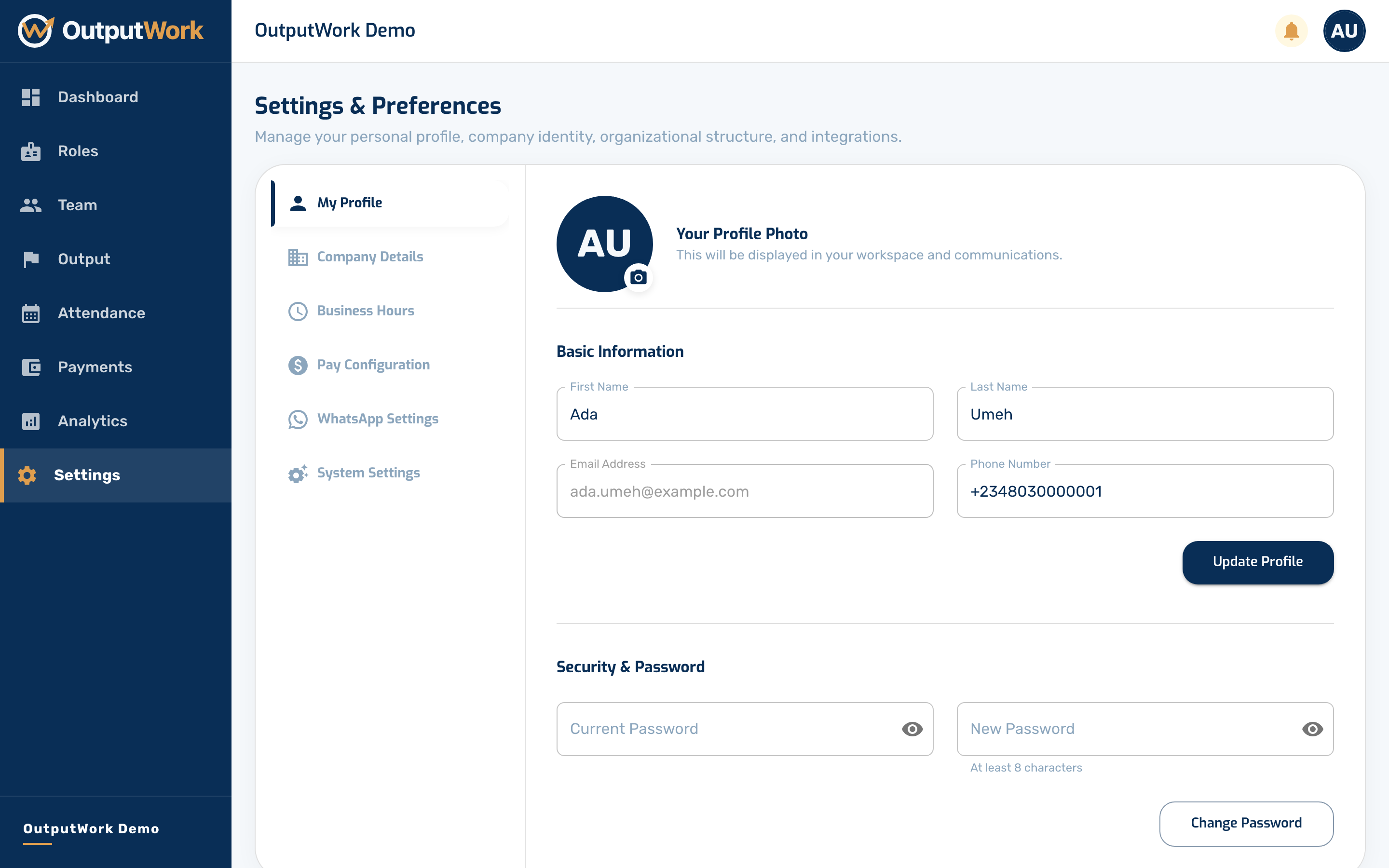 Open Settings from the sidebar. Each section expands: My Profile, Company Details, Business Hours, Pay Configuration, WhatsApp Settings and System Settings.