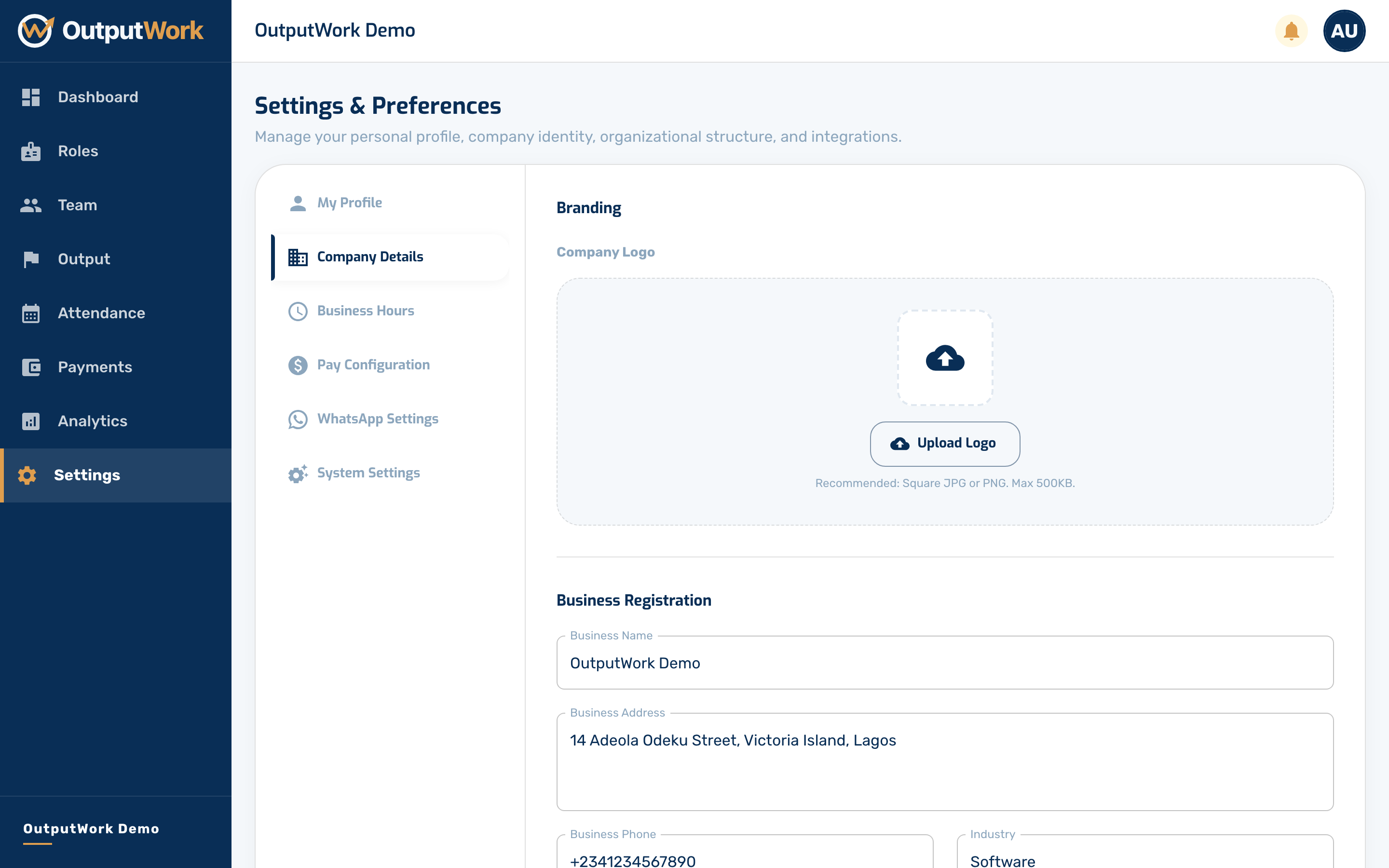 Company Details holds your organization's name, address and phone number — the details that appear on payslips and emails.