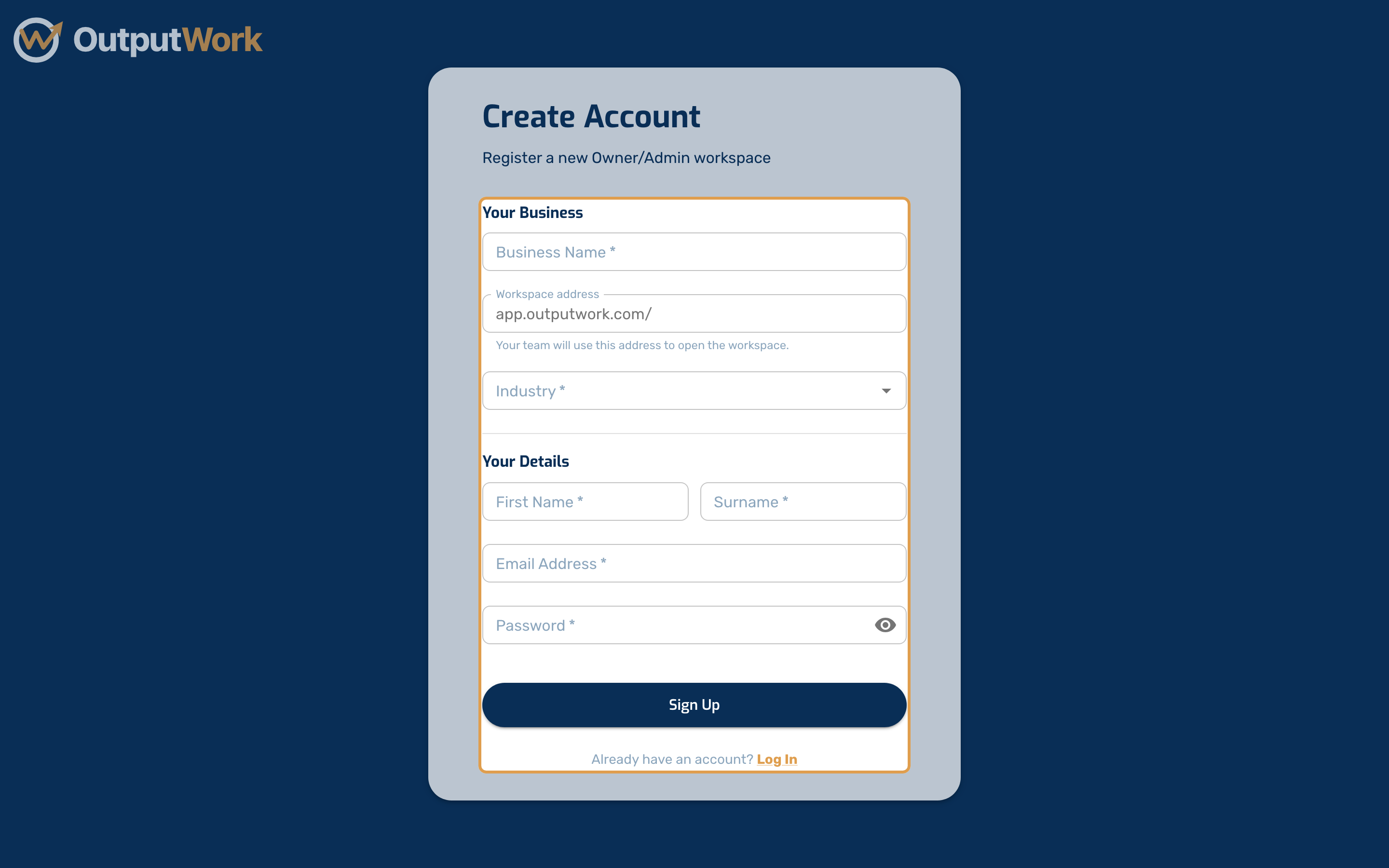 Go to the sign-up page. This creates both your own account and your organization, so only the owner does it — everyone else joins by invitation.
