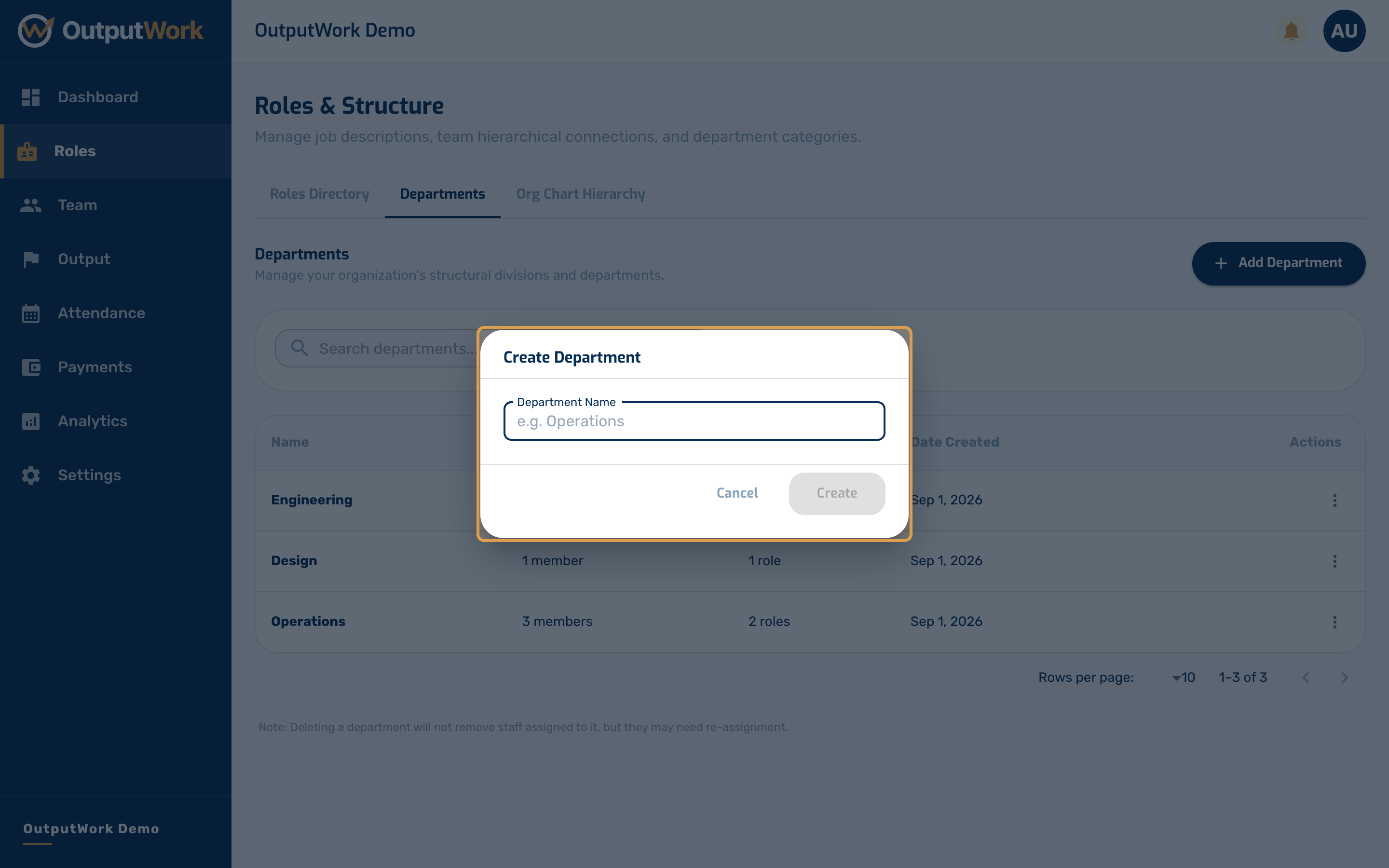 A department needs nothing but a name. Type it and click Create.