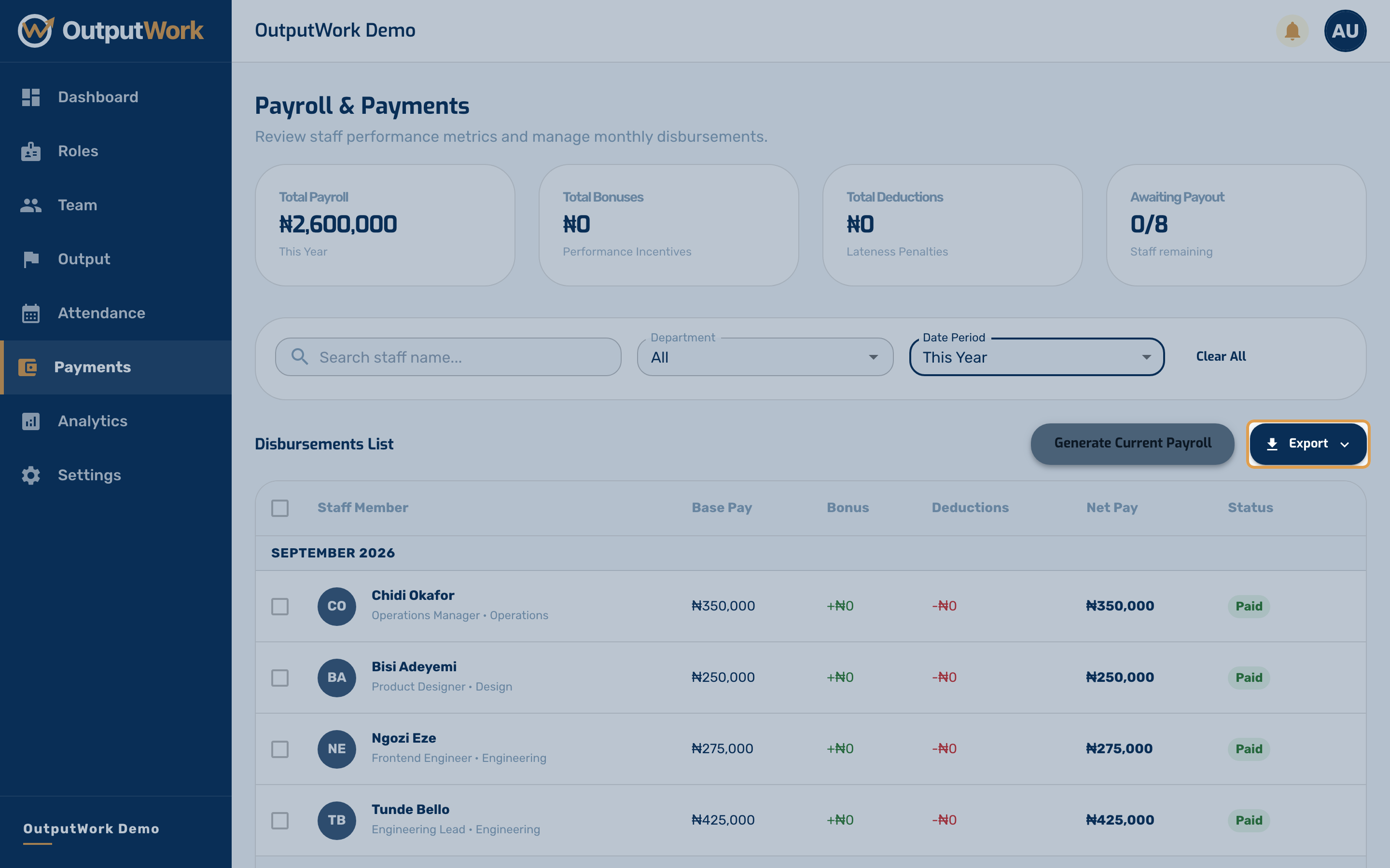 Go to Payments and filter the table by your desired month or payment status. Click the Export menu above the table.