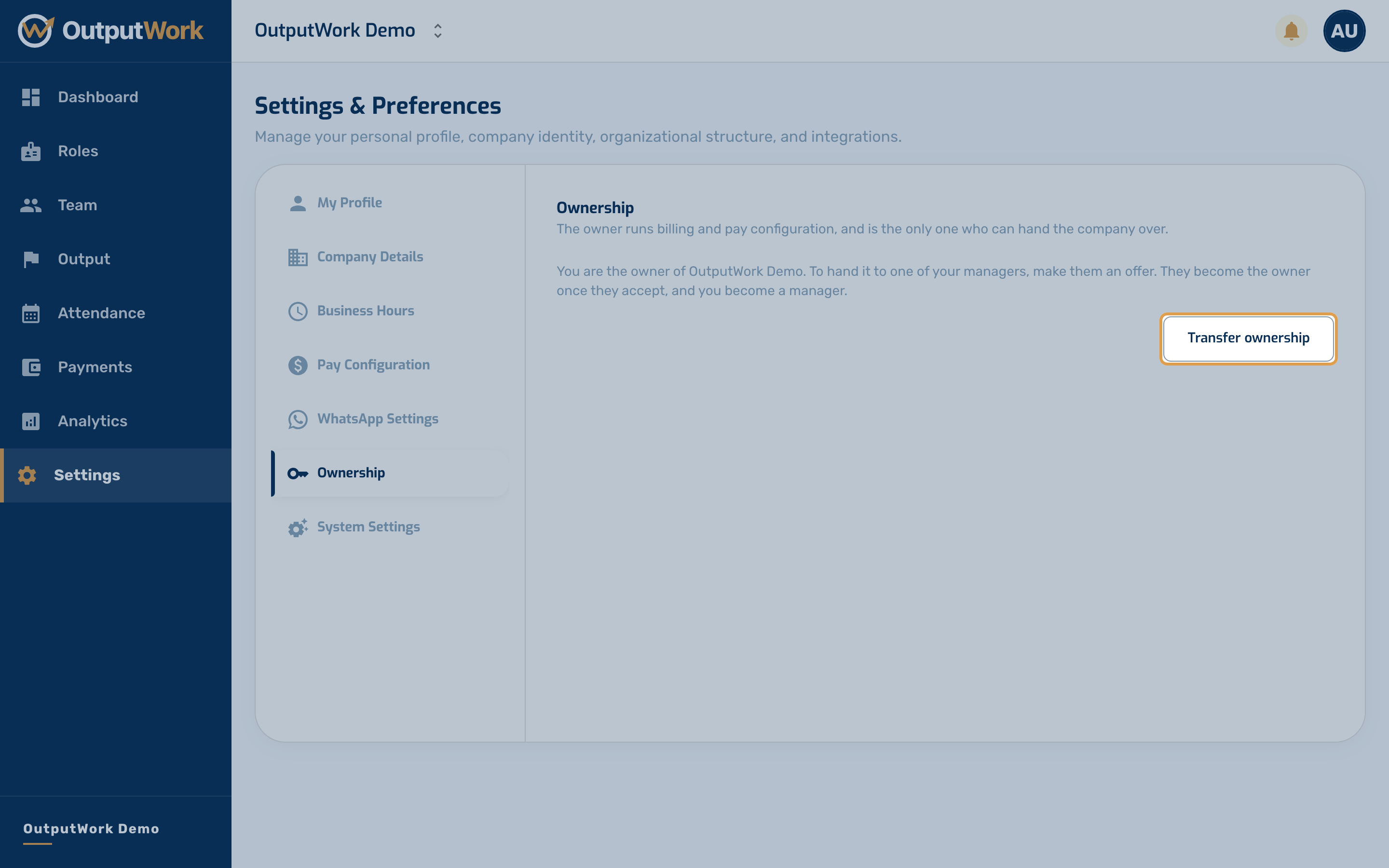 A company has one owner. The owner runs Billing & Plan and Pay Configuration, and is the only one who can hand the company over. To make one of your managers the owner, open Settings → Ownership and c