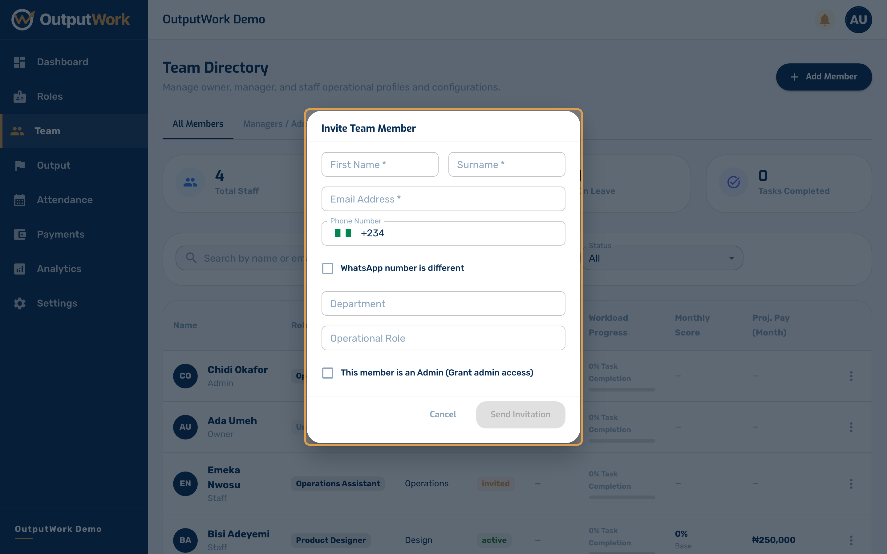 The Invite Team Member form opens.