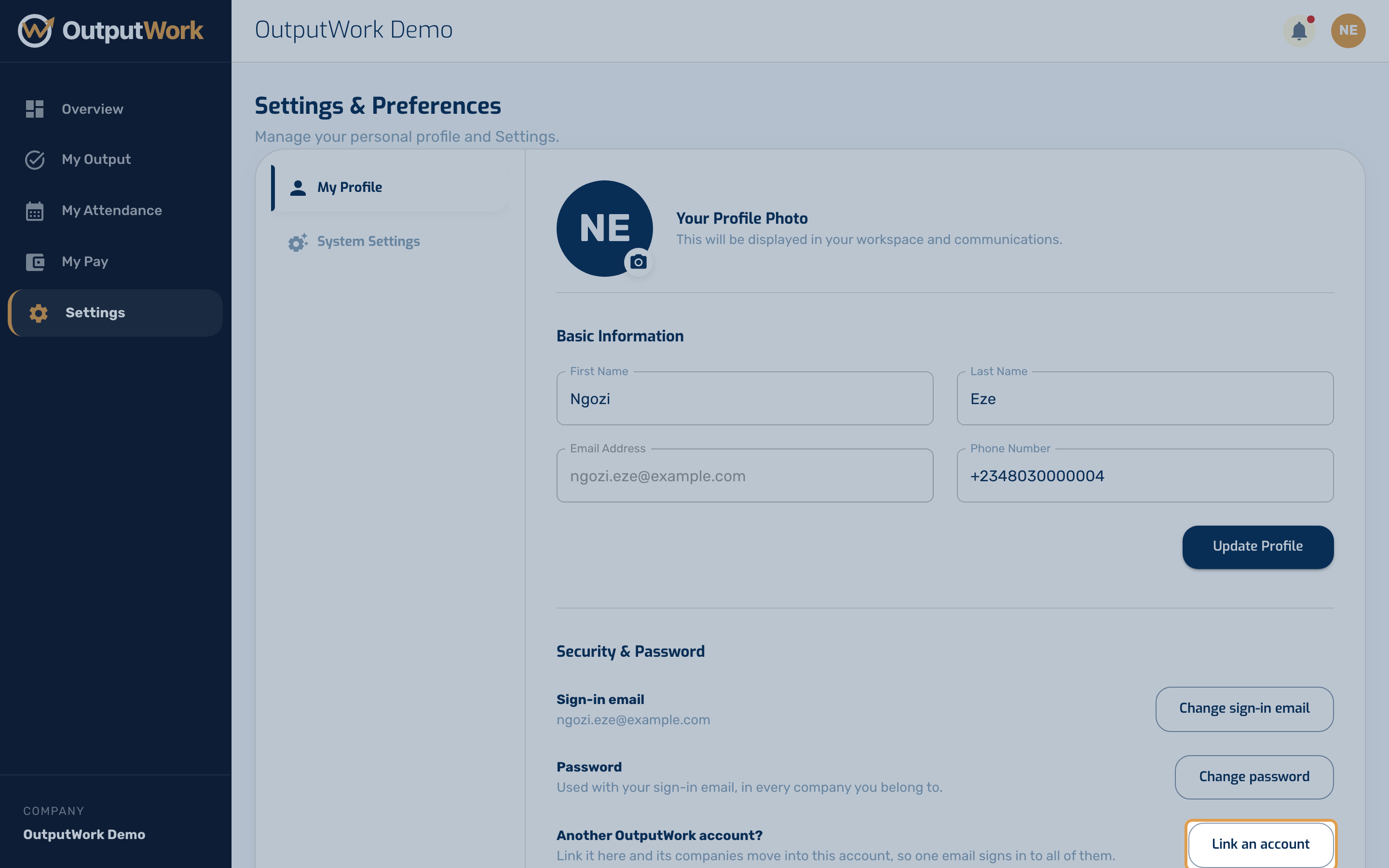 You may have two OutputWork accounts: you started a second company with another email, say, or a company invited you at a different address. Linking brings the other account's companies into this one,