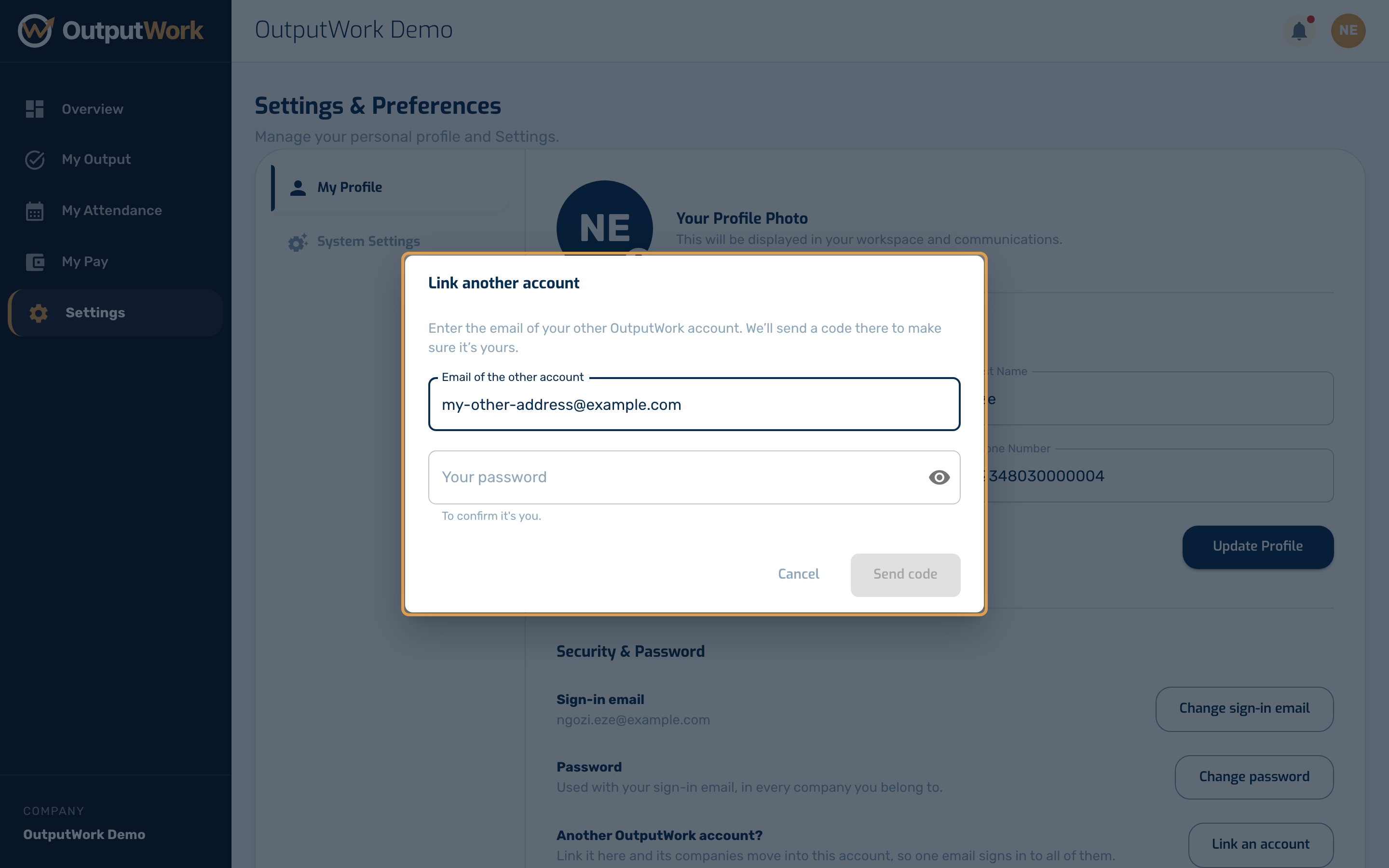Enter the other account's email and your password, then click Send code. OutputWork emails a 6-digit code to that address, to make sure the other account is yours.