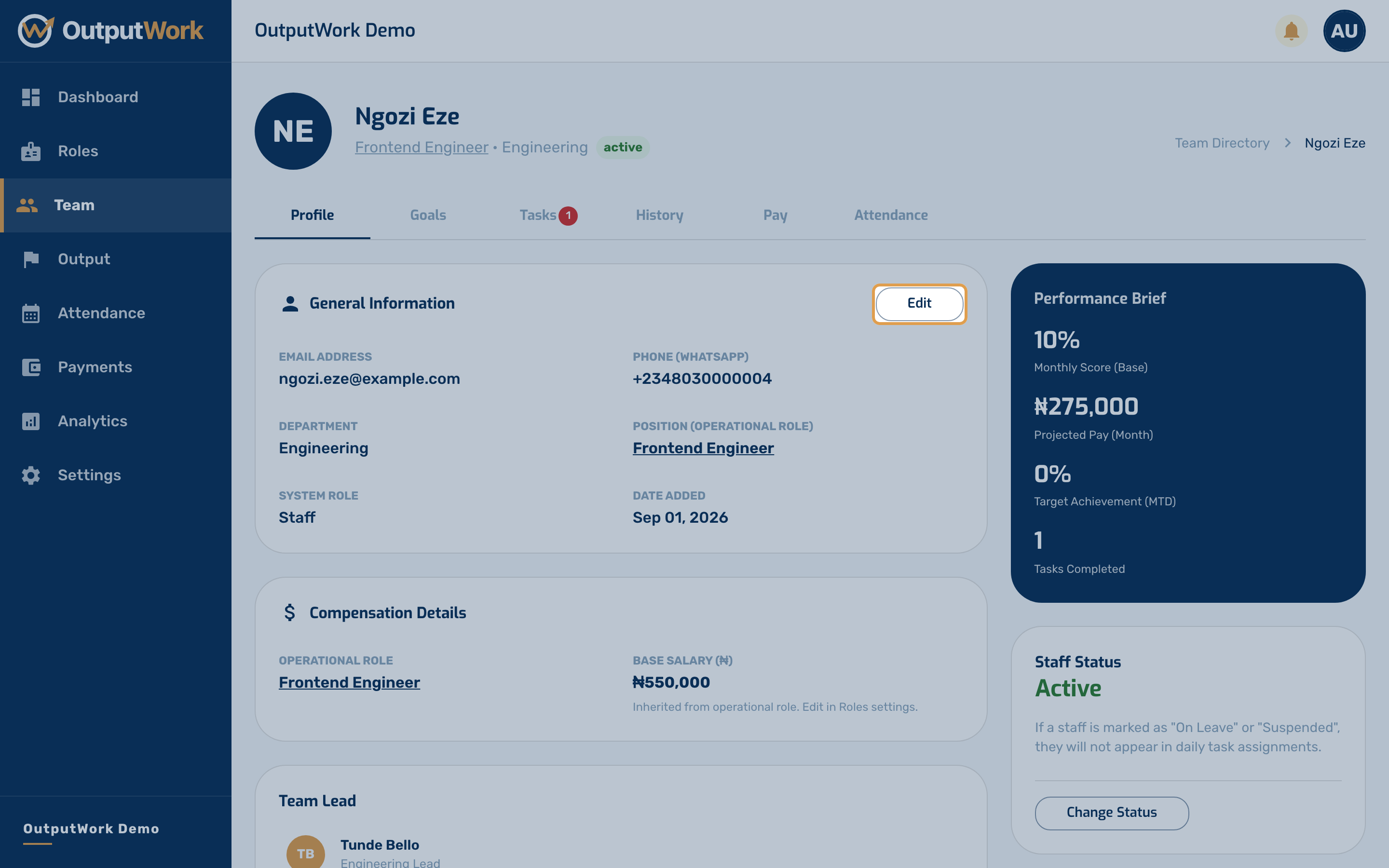 Click Edit on any member's profile to adjust their role and permissions: