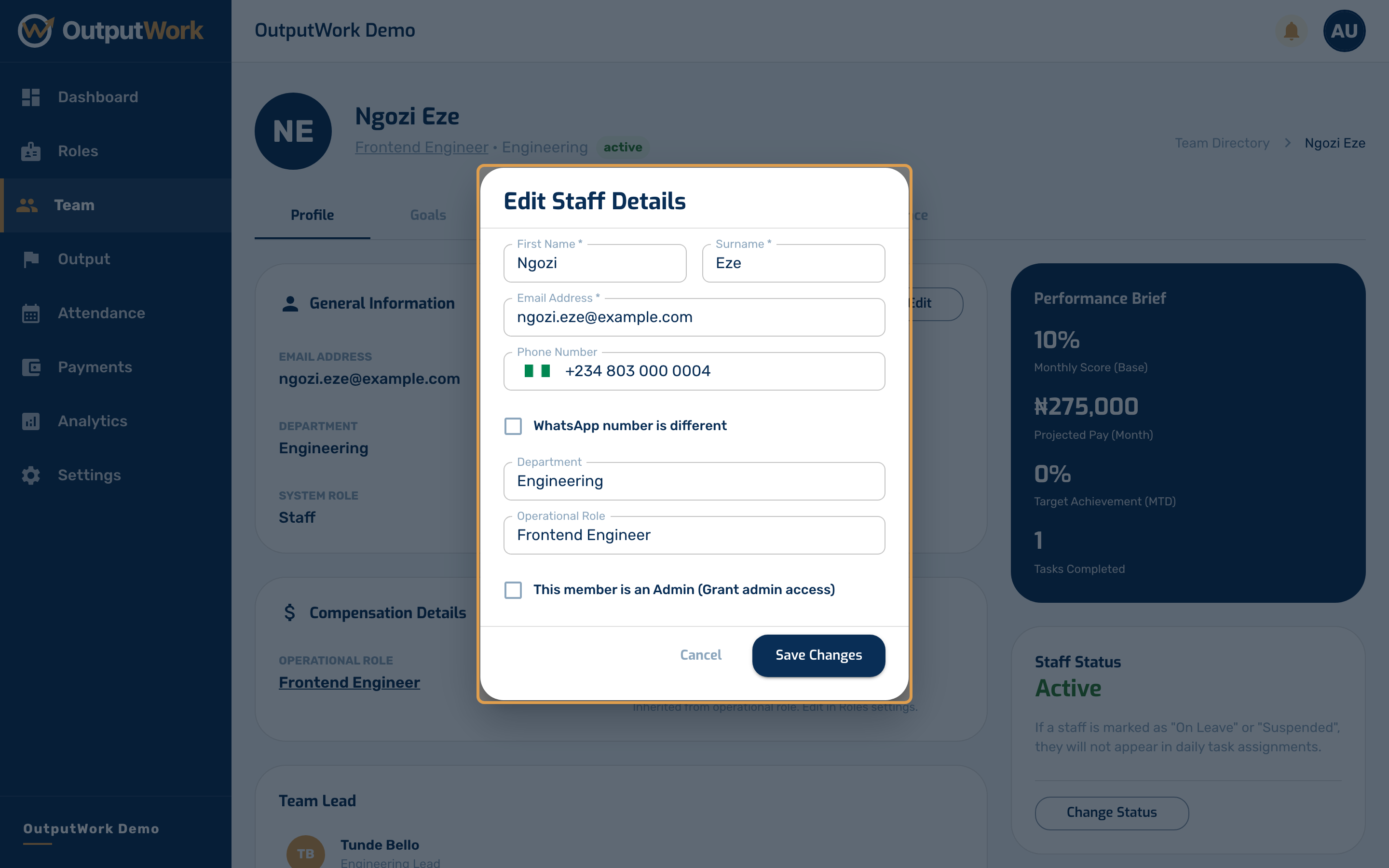 The edit modal lets you change their operational role, toggle admin privileges, or adjust their employment status (Active, On Leave, Suspended, or Terminated). Click Save Changes to confirm.