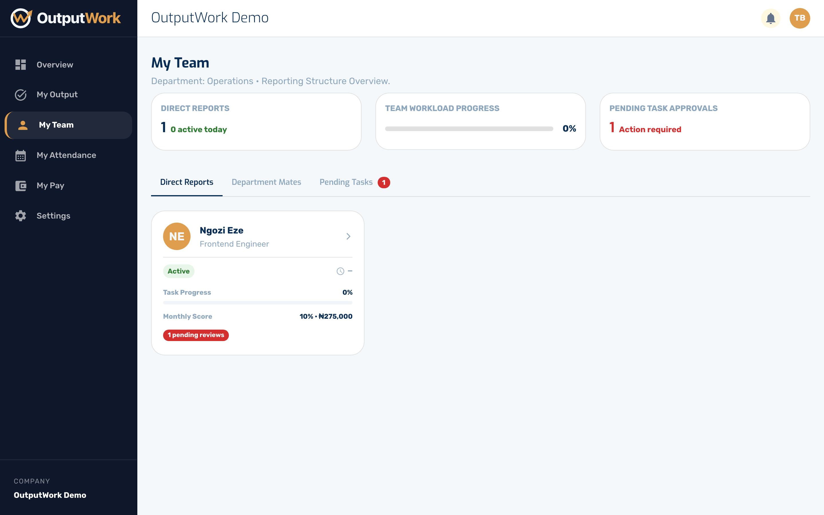 If your role is a lead role, you get a My Team page the other team members do not see. It lists your direct reports and how each of them is tracking.