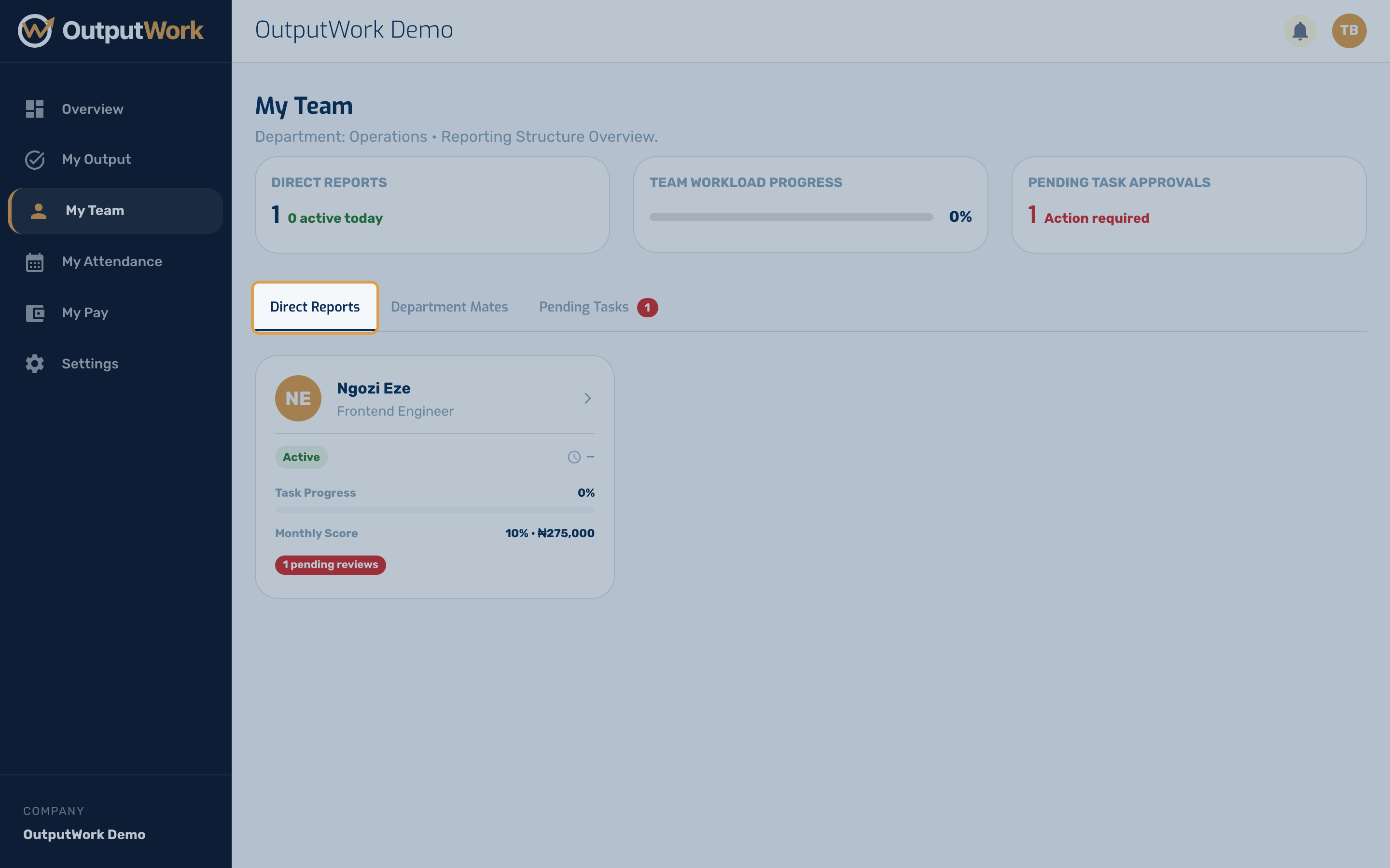 Work your reports submit comes to you for review as well as to the owner. The Pending Tasks tab is the queue; the badge counts what is waiting on you.
