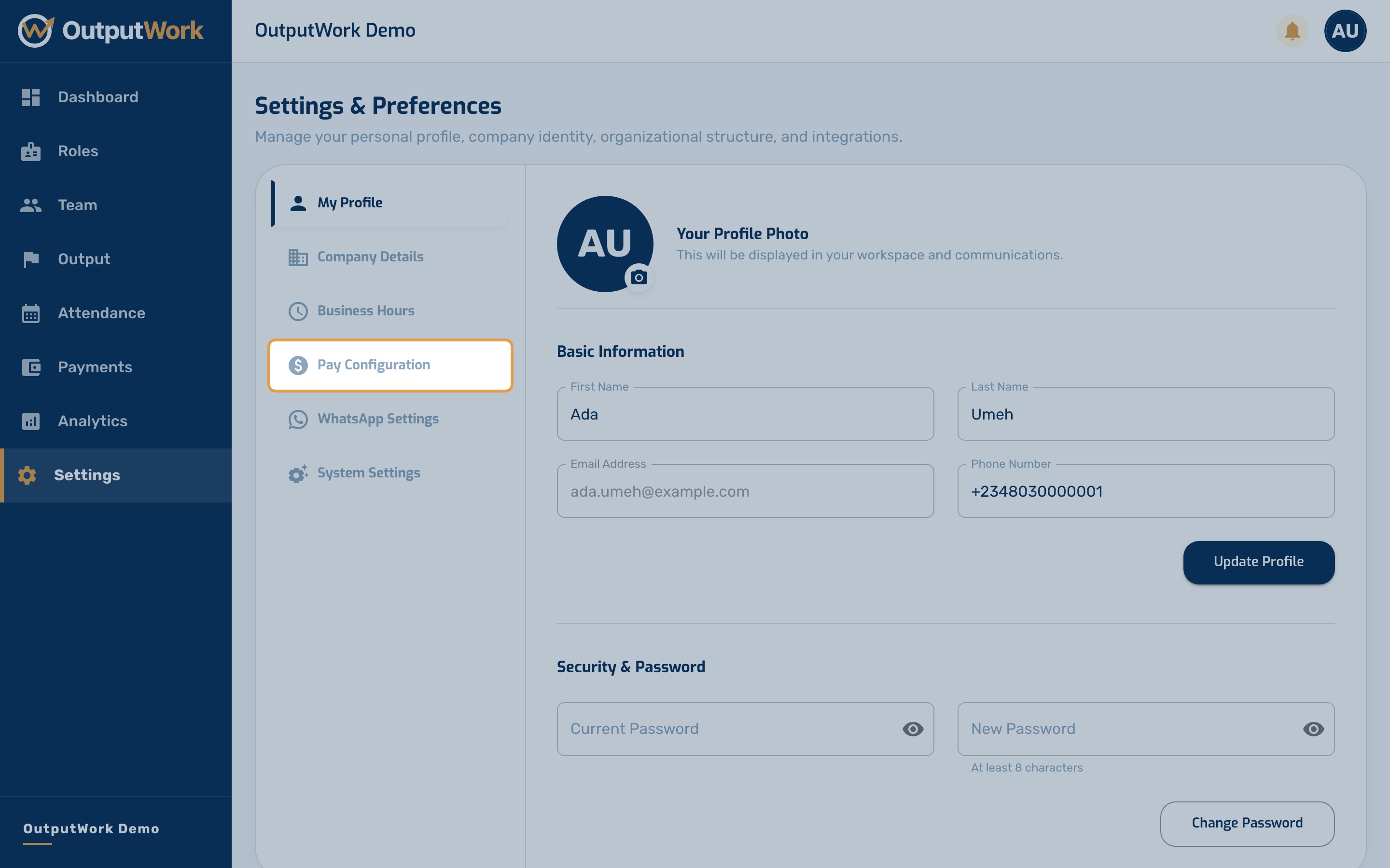 Under Settings, open Pay Configuration. These are the rules payroll follows when you generate it under Payments. Only the organization's owner can change them; admins see them but cannot edit.