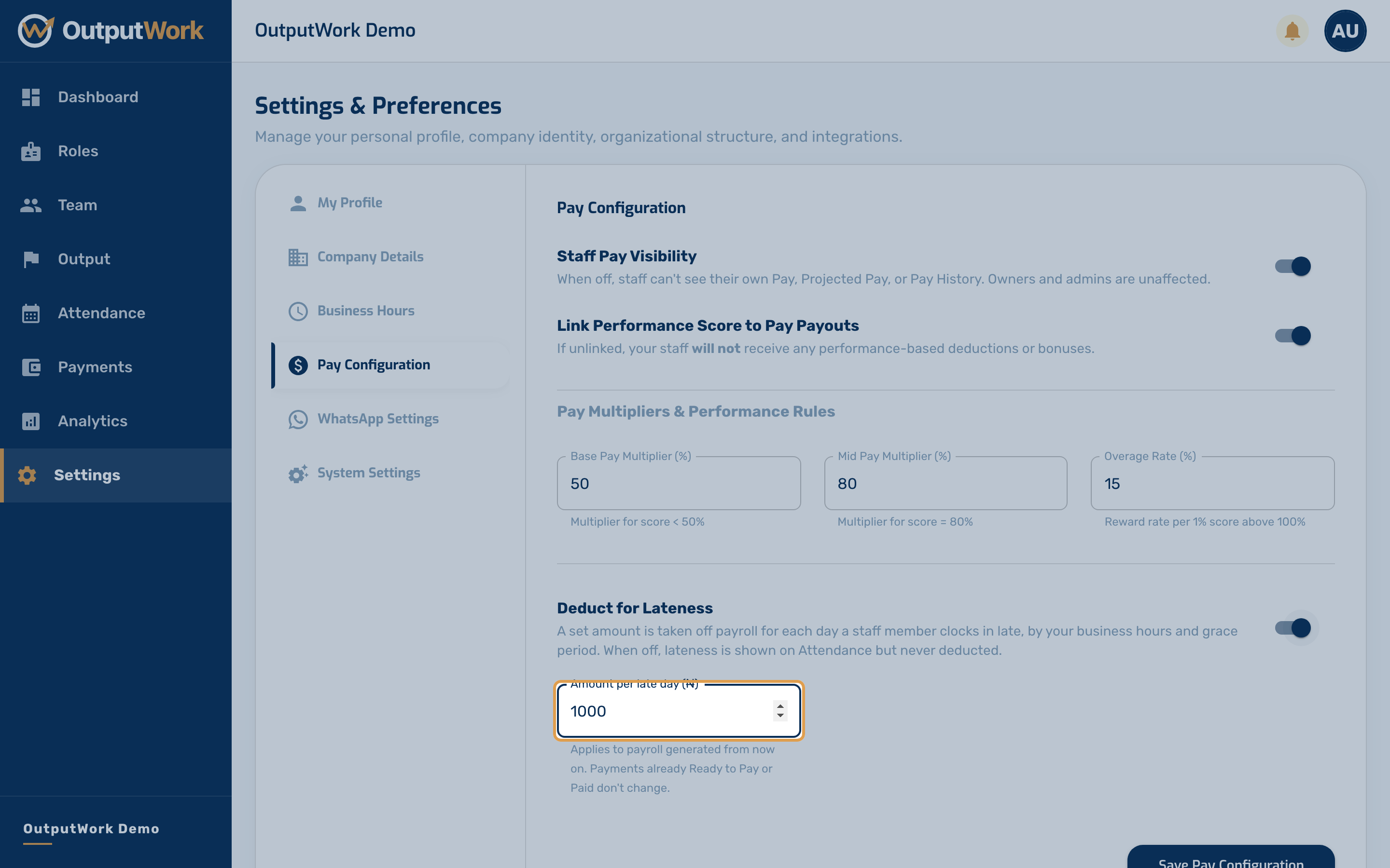 Deduct for Lateness is off until you turn it on — until then, lateness is shown on Attendance but never costs anyone pay.