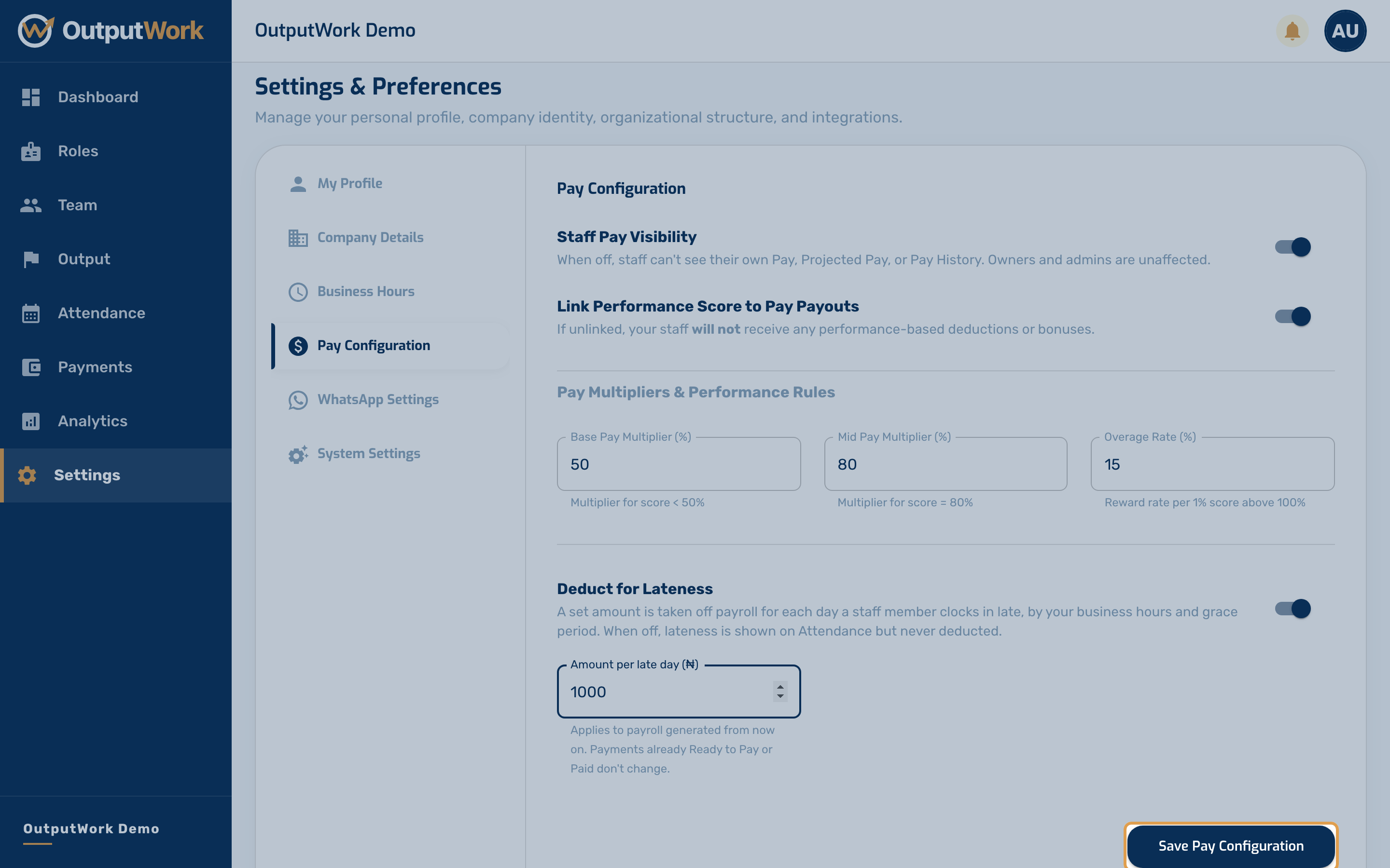 Click Save Pay Configuration. The next payroll you generate under Payments follows these rules.