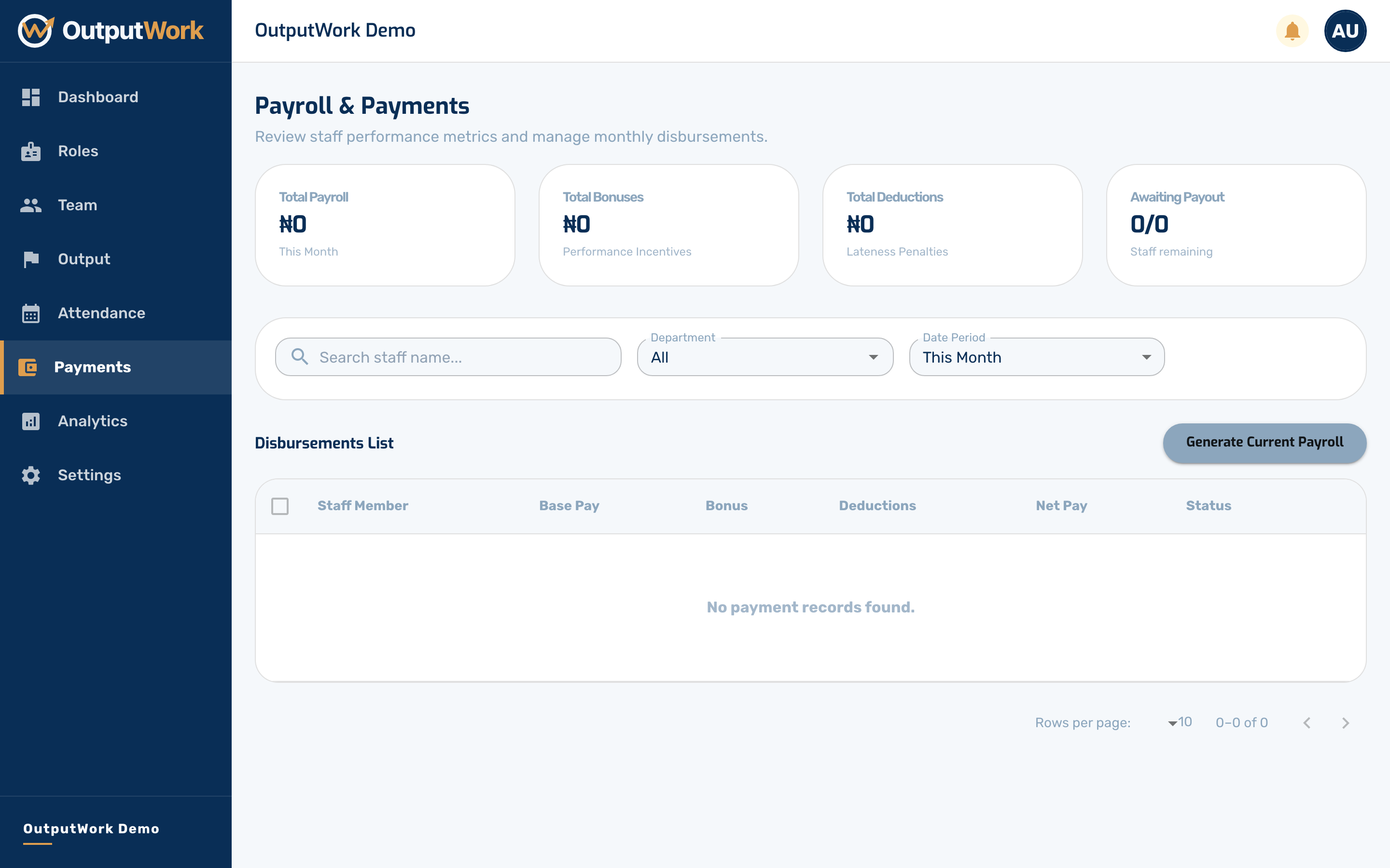 Payroll & Payments lists what each person is owed for the period, built from their role's salary and — if you have linked pay to performance — their score.