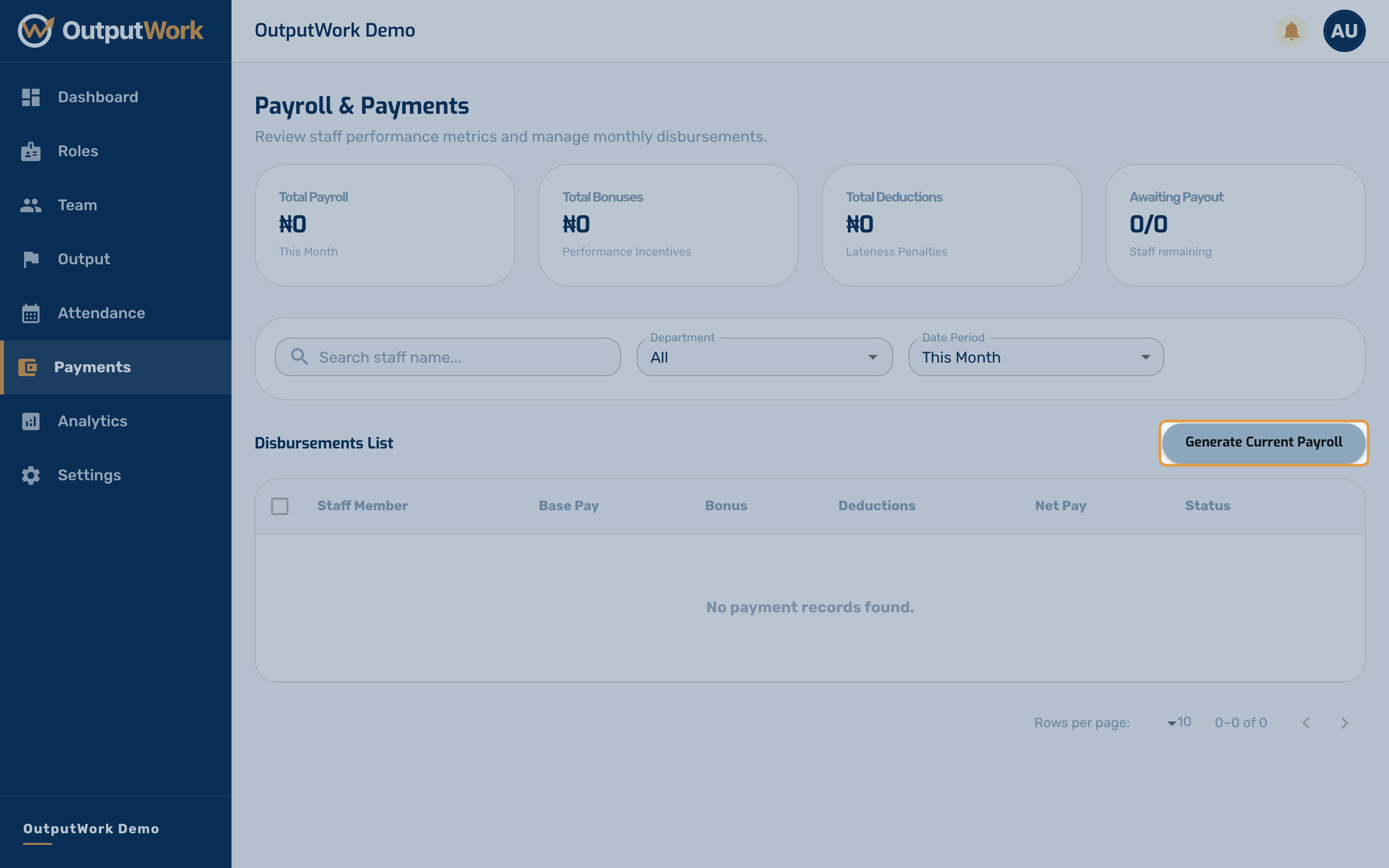 Click Generate Current Payroll to build this period's figures for every eligible person in one go.