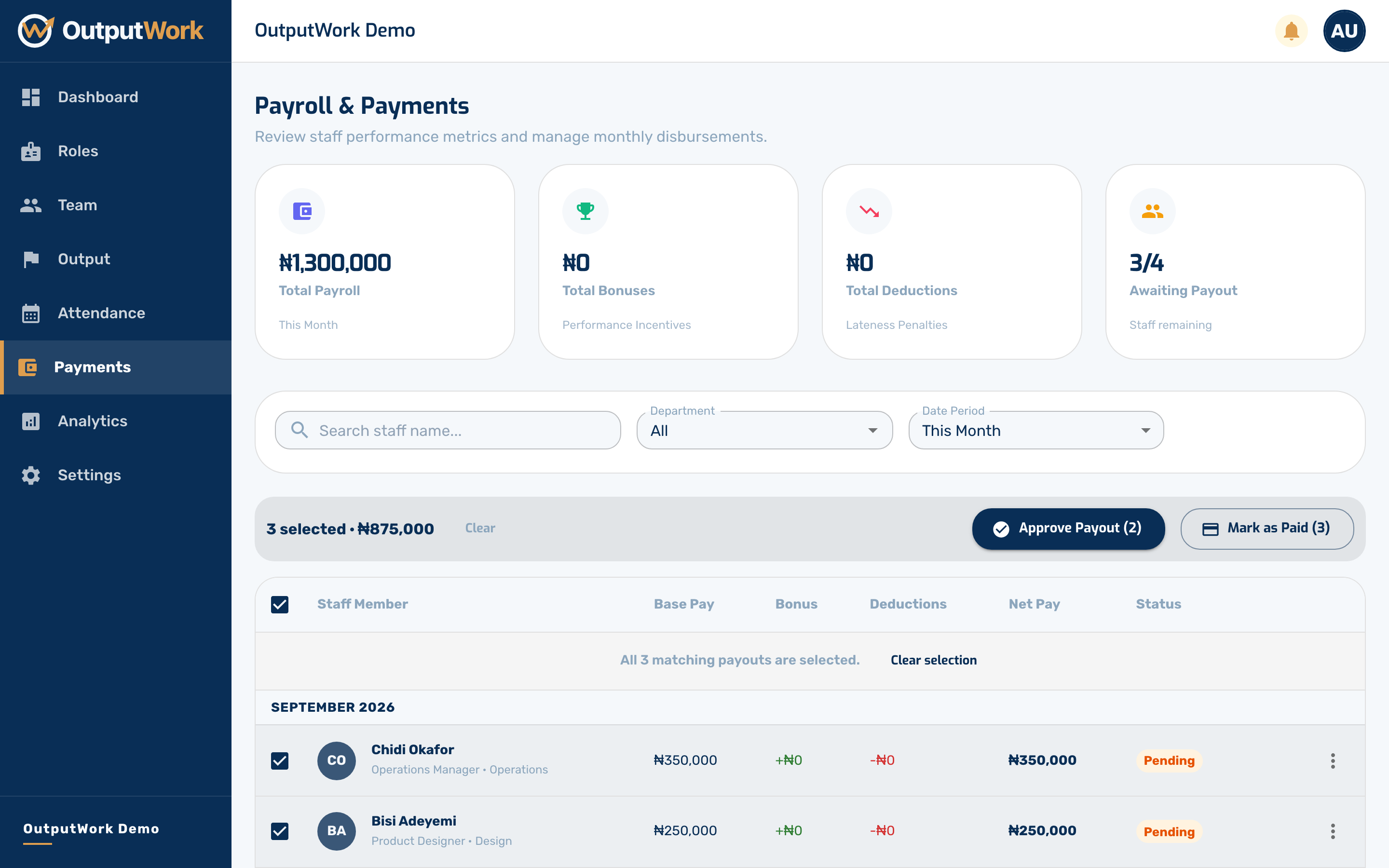 Tick the rows you are paying — the header checkbox selects them all. The toolbar changes to show what you can do with the selection, and the total.