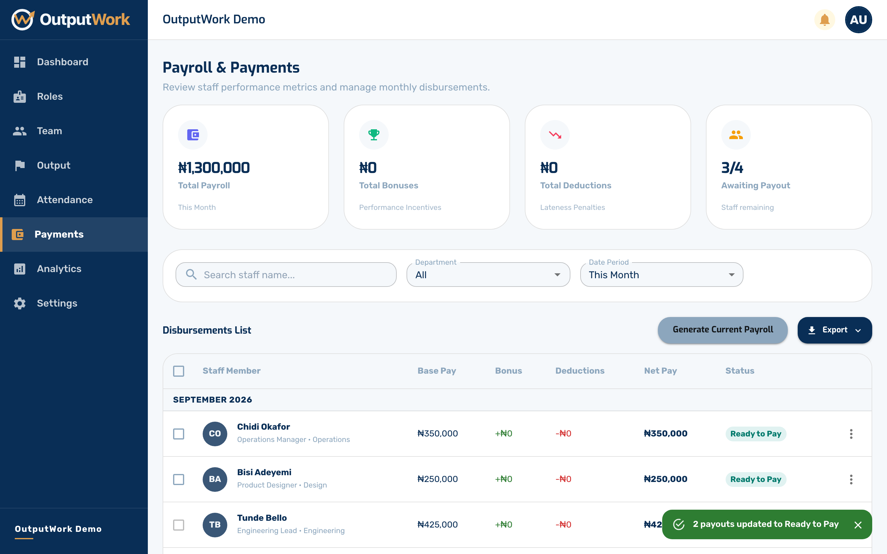 Confirming moves them to Ready to Pay — the amounts are agreed, but nothing has left your account yet.