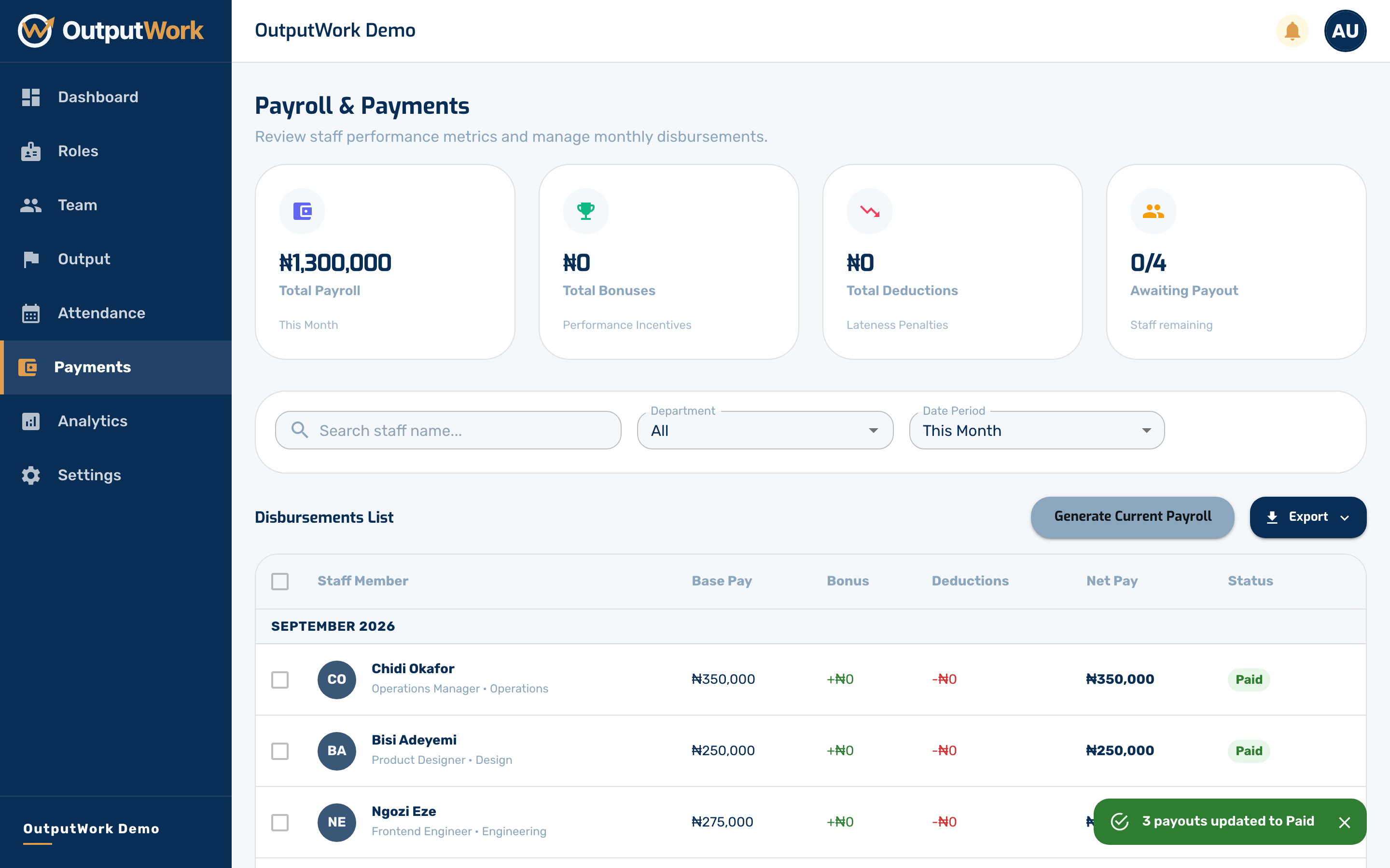 Once you have actually sent the money, Mark as Paid and confirm. The chip turns green, and each person sees the payment in their own My Pay.