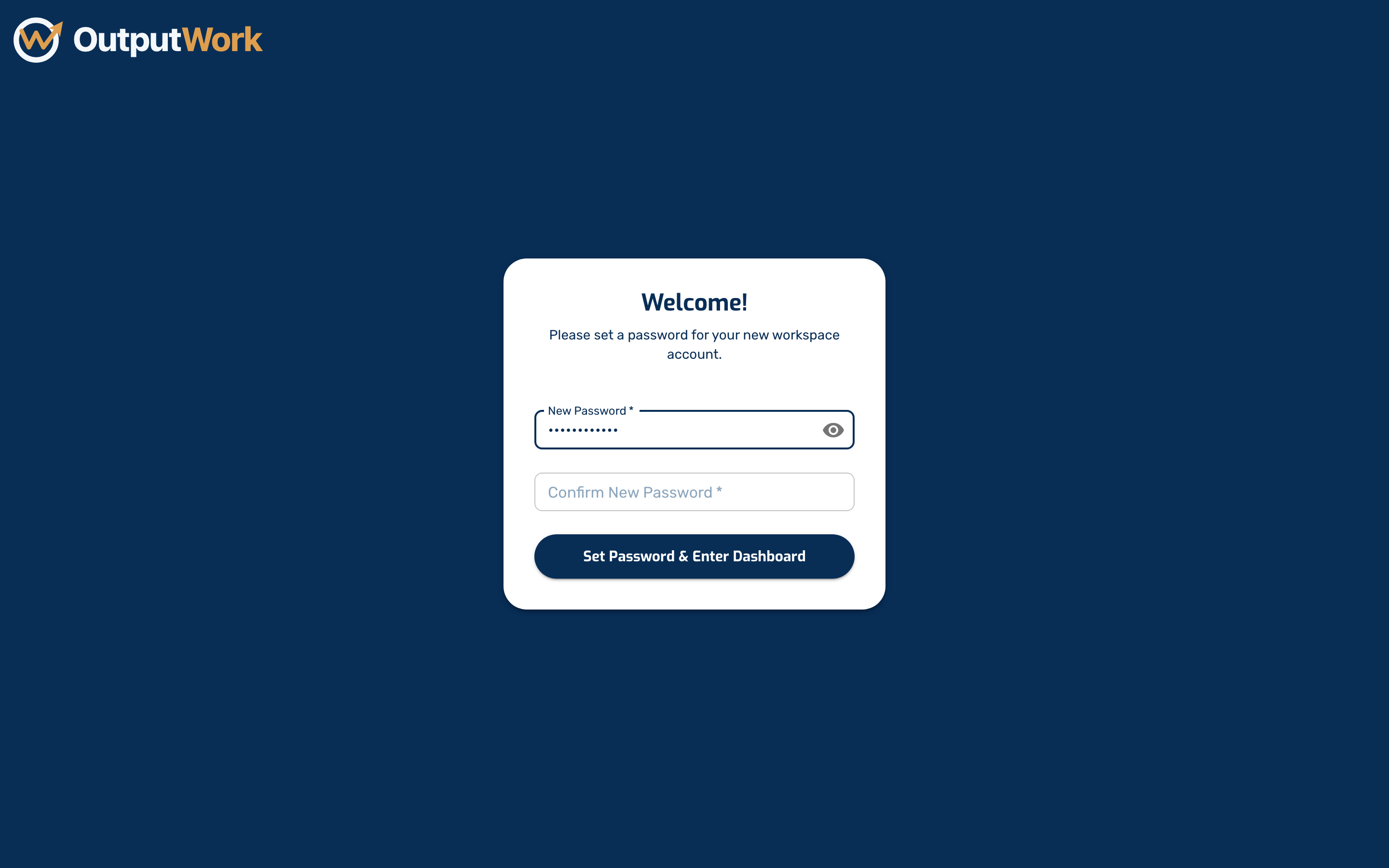 Choose a password of at least 8 characters, type it again to confirm, then click Set Password & Enter Dashboard. That takes you straight into your workspace — there is nothing else to set up.