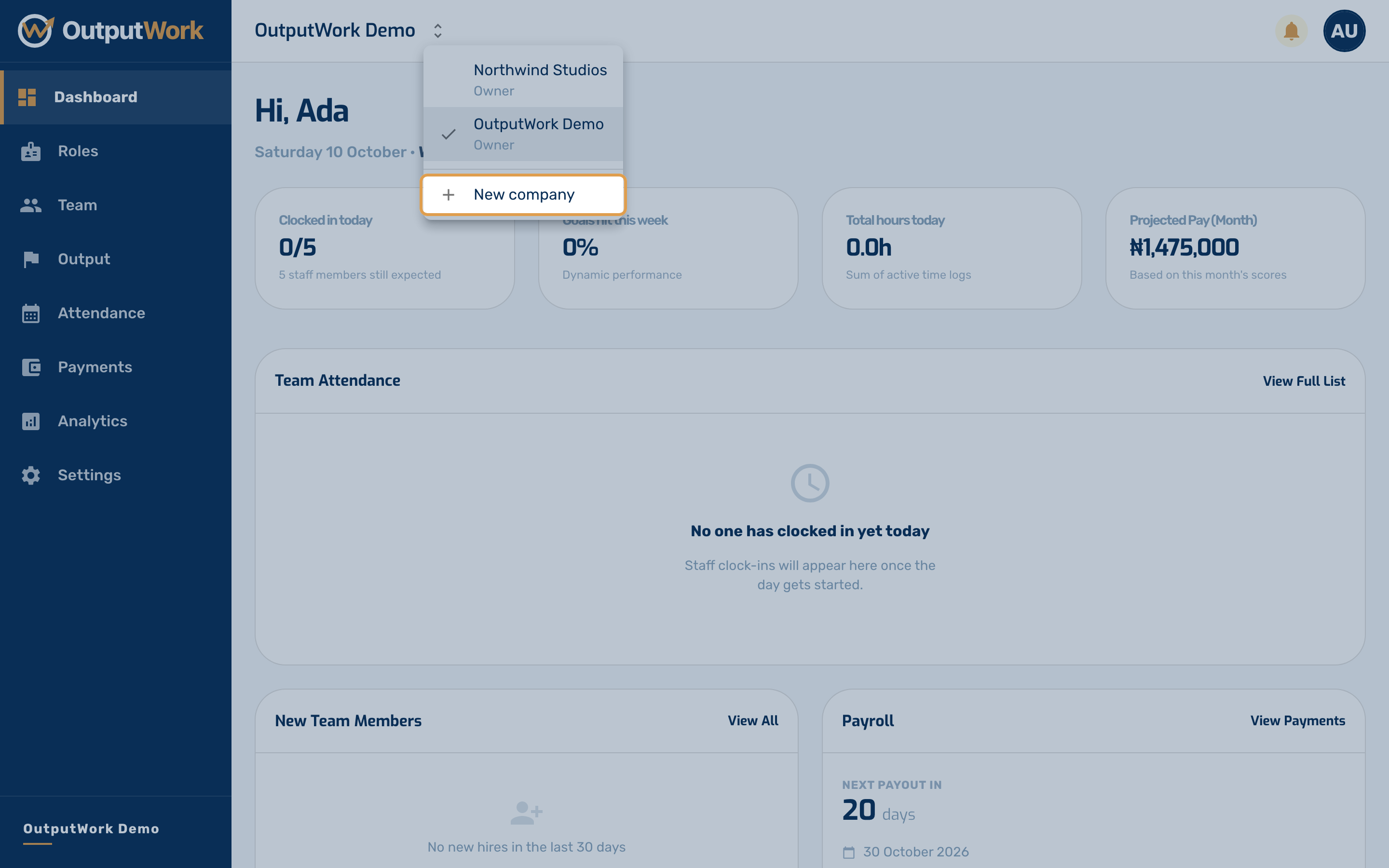 As an owner, you can open another company with the same sign-in: a second business, say. Open the menu beside your company's name at the top of the page and choose New company.