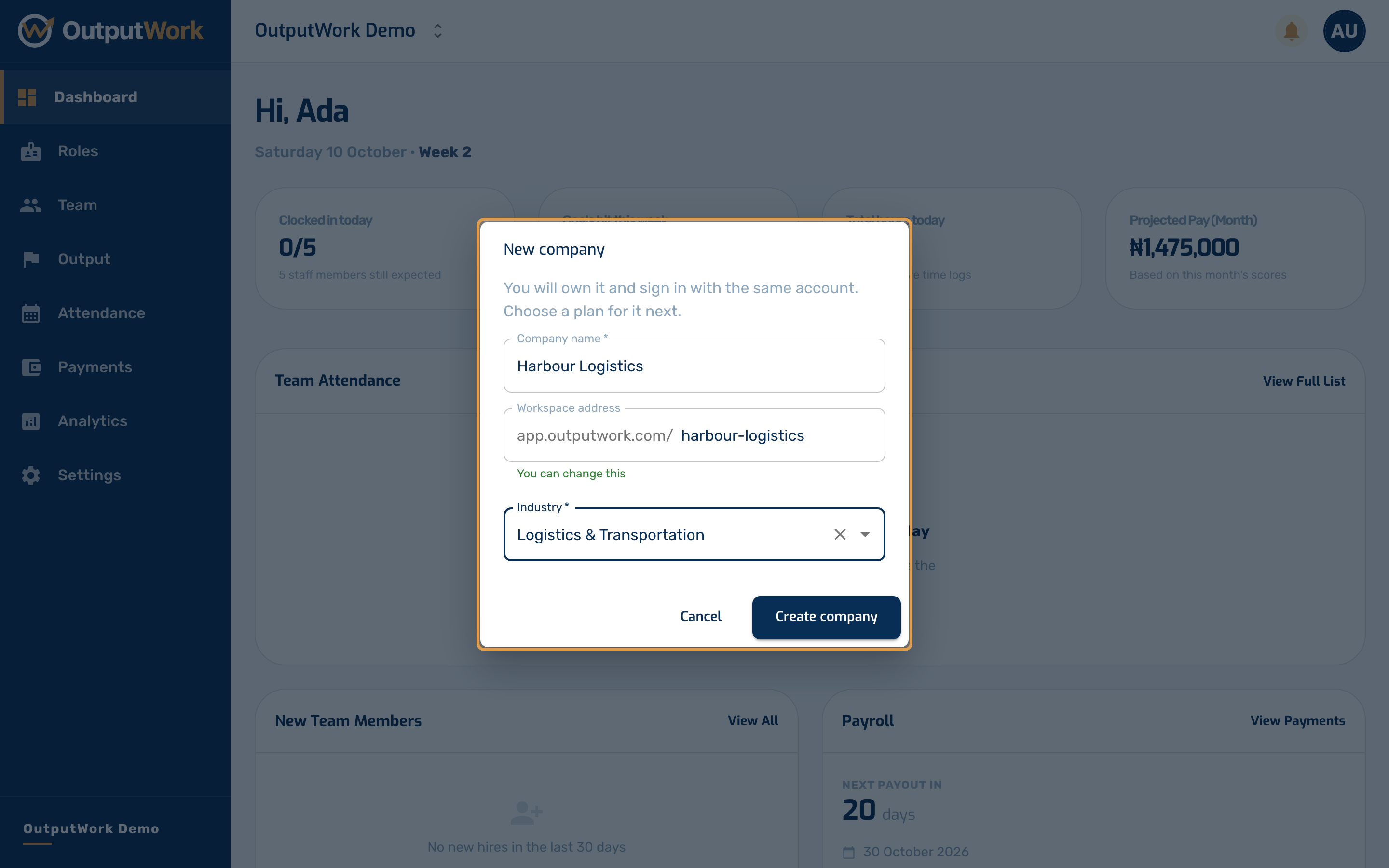 Enter the company's name. OutputWork suggests its workspace address, the part of its links after app.outputwork.com/, which you can change. Choose its industry, then click Create company.