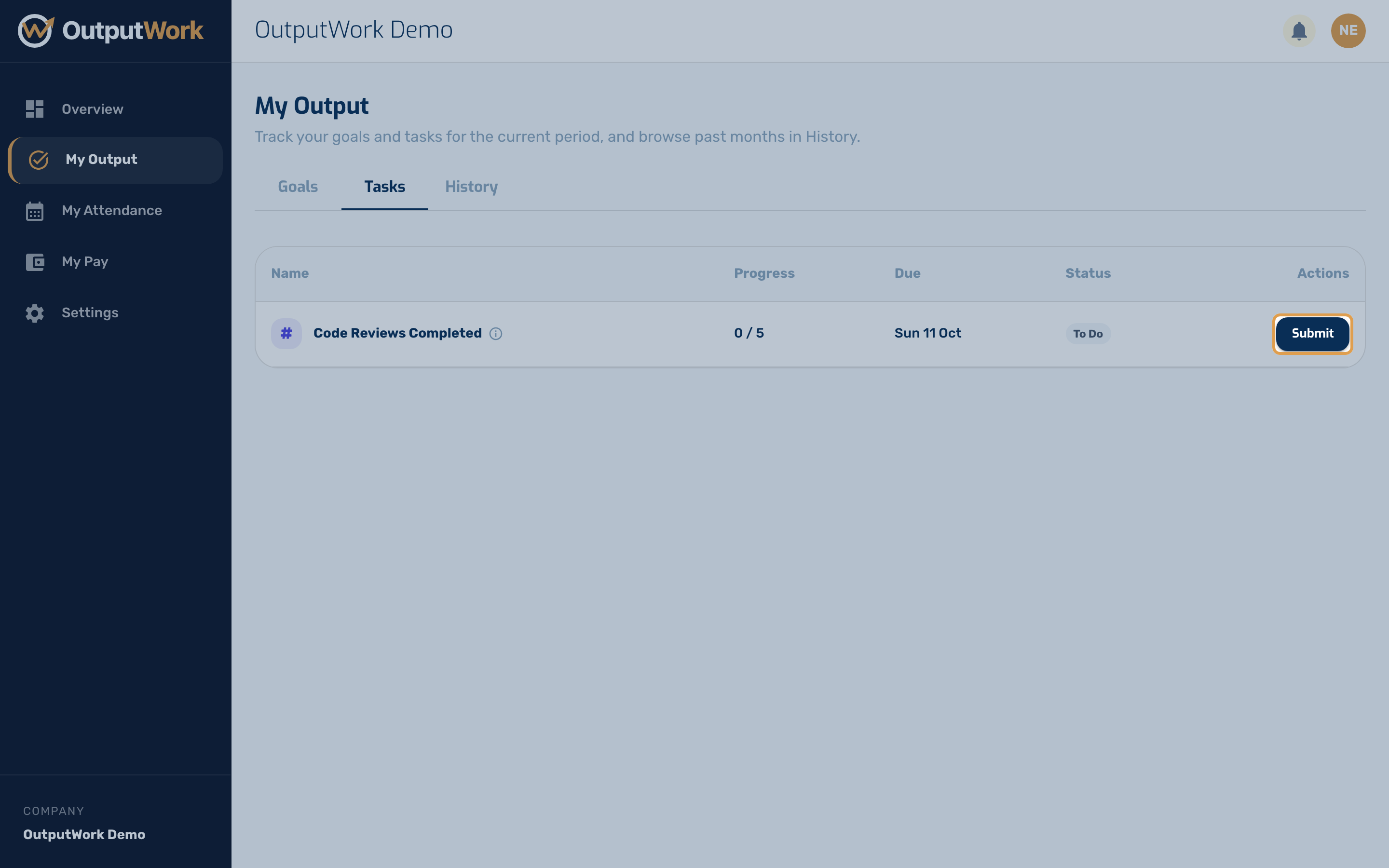 Open the Tasks tab. When you have finished something, click Submit on its row. For a quantity task you enter the total you reached; for a Done/Not Done task you just confirm it.