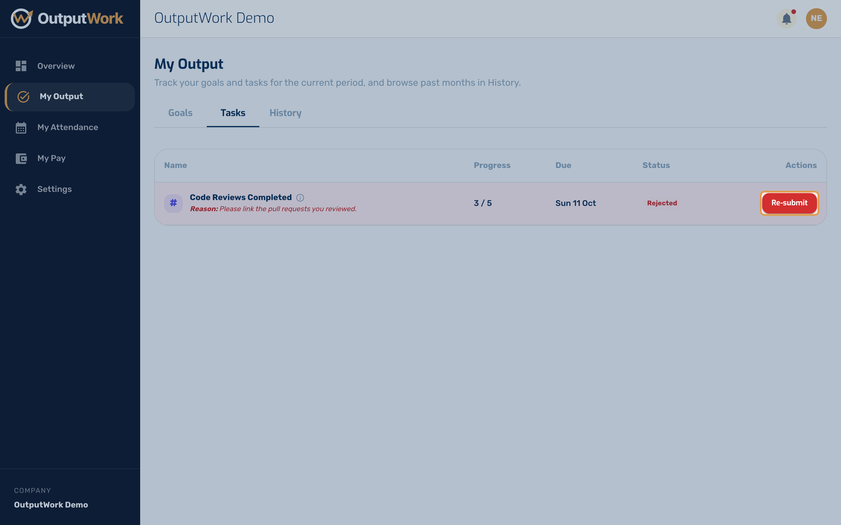 If your work is rejected you will see the reason on the row, and the button changes to Re-submit. Fix what was asked for and send it again — the reason disappears once you do.
