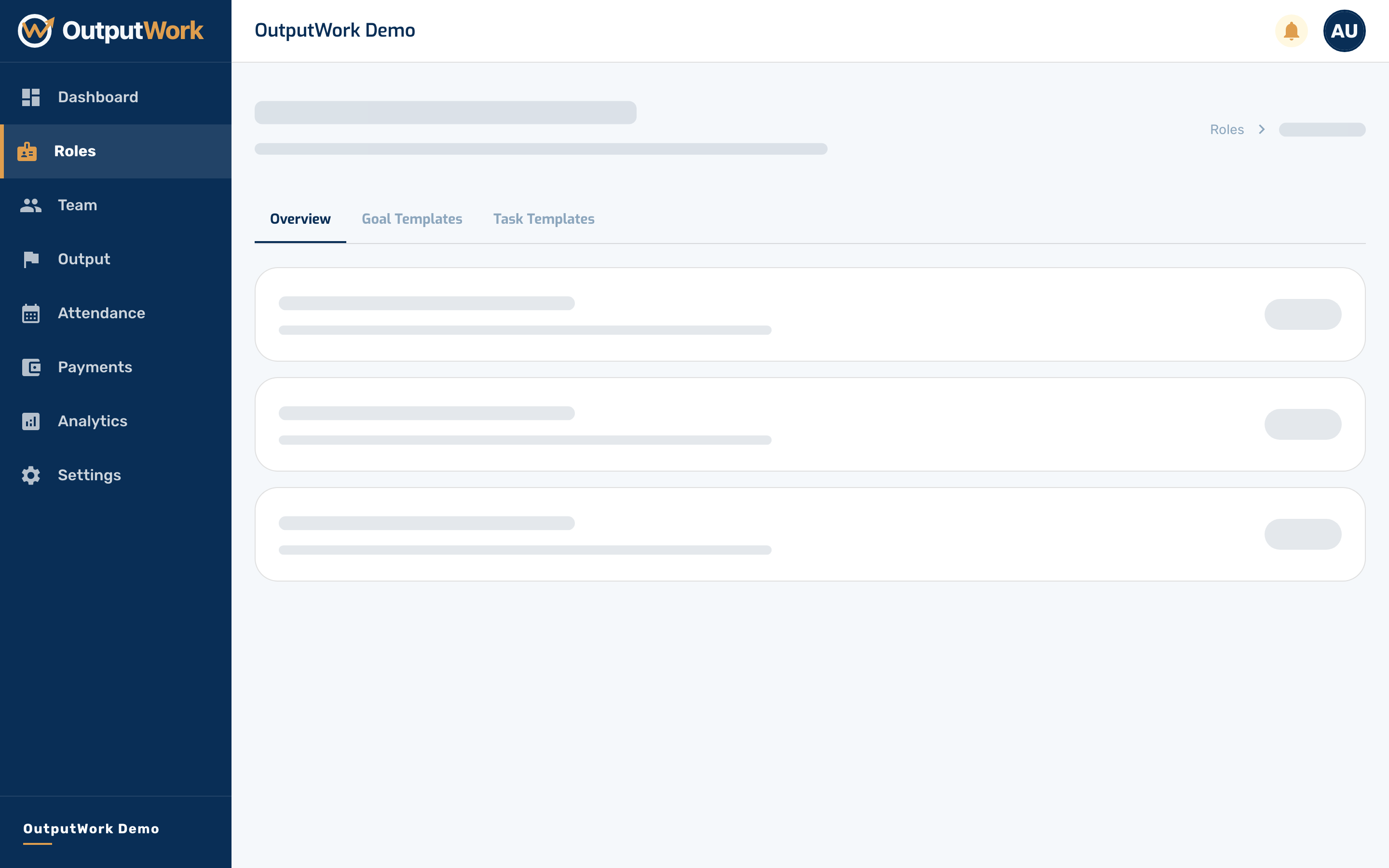 The role's detail page has tabs for Overview, Goal Templates, and Task Templates. A task is a concrete deliverable to complete; a goal is a strategic target to hit.