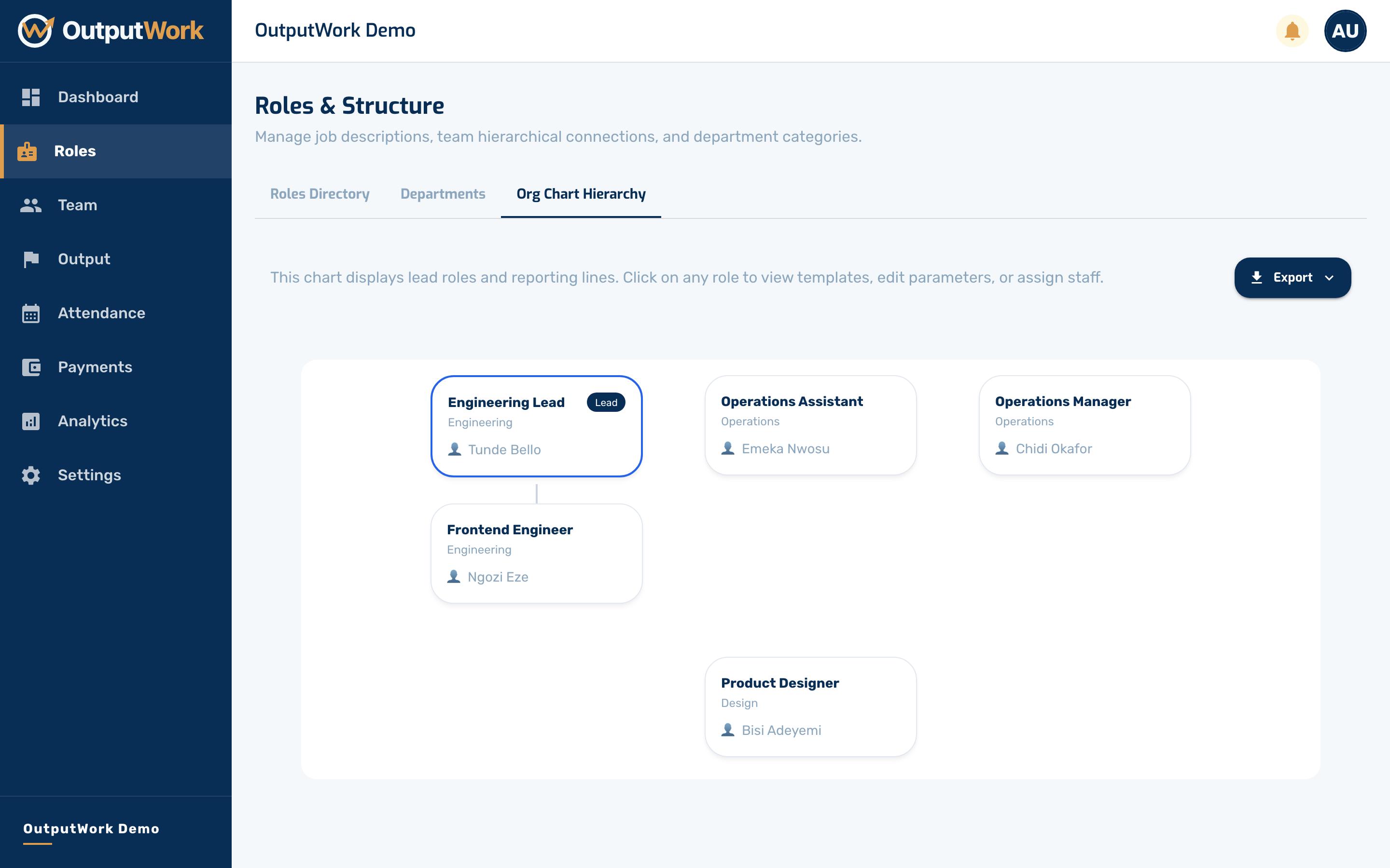This draws your roles as a tree, built from the parent lead role you set on each one. It is worth checking after you have added a few roles, because it shows the reporting structure you have actually 