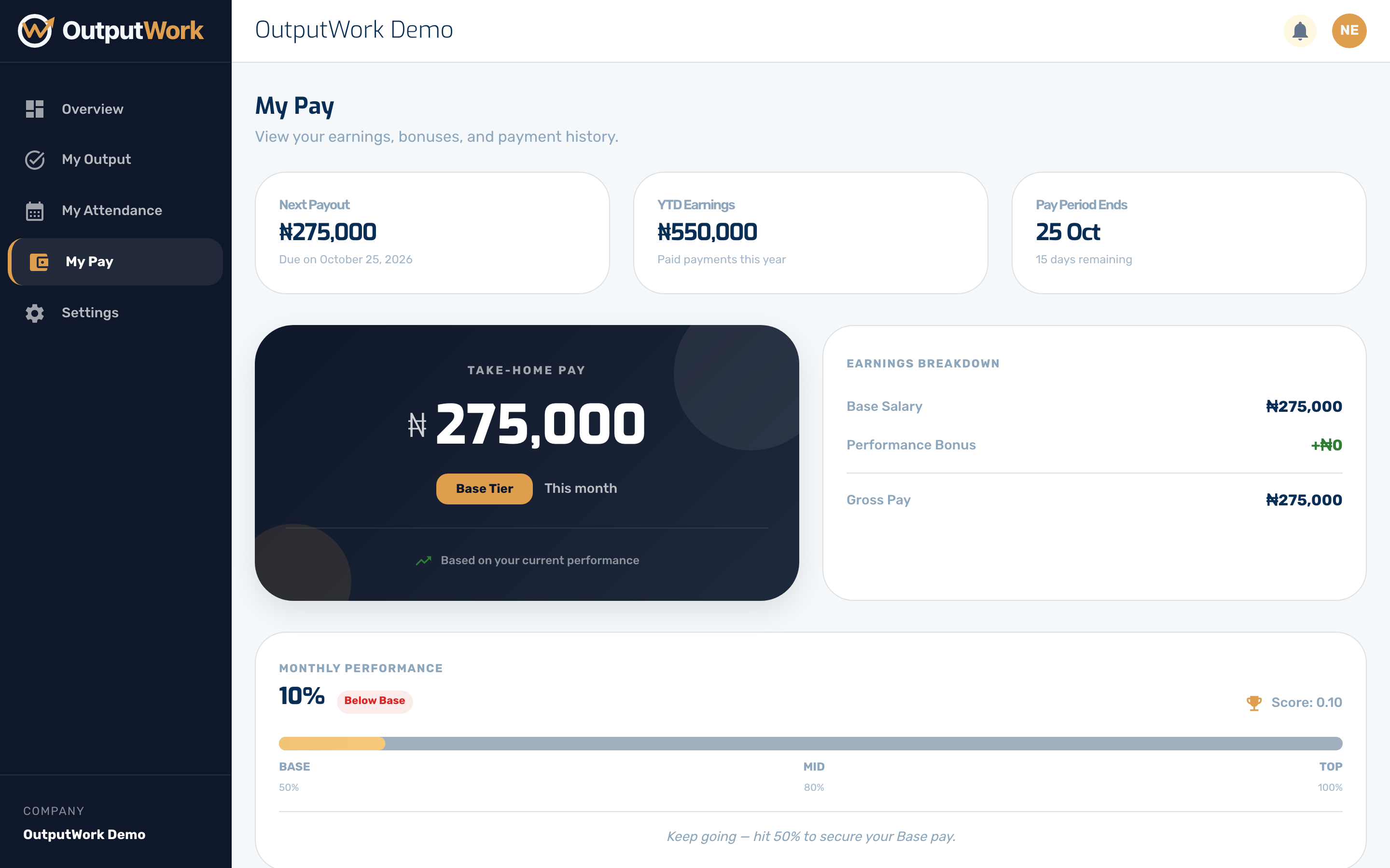 Below that is your payment history — every period you have been paid for, what it came to, and when it went out. A payment appears here as Paid only once your organization has actually sent it; before