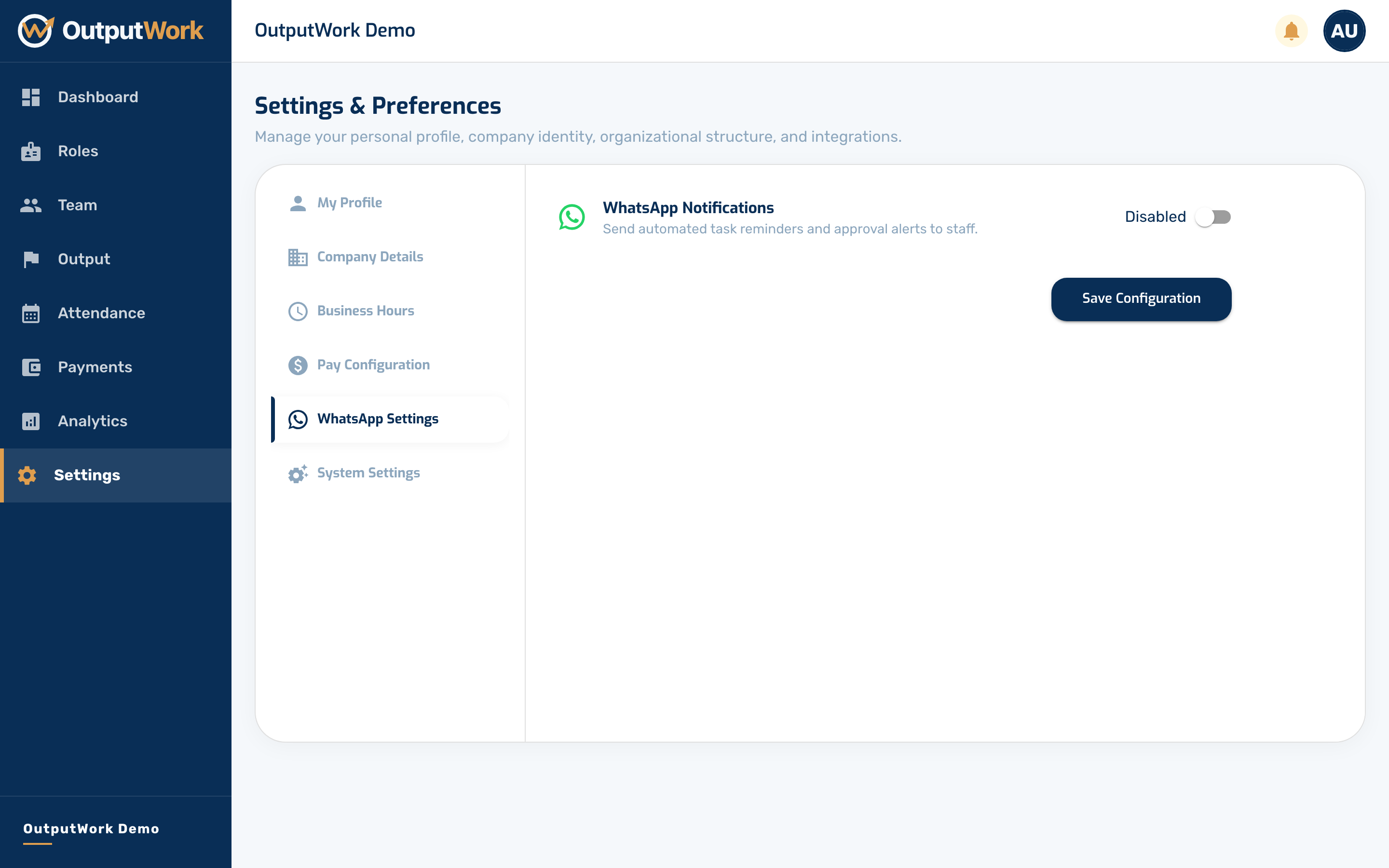 Turn WhatsApp Notifications on. The System WhatsApp Number then appears below it: the number OutputWork's messages come from, and the one your team texts. Use the copy button to share it.