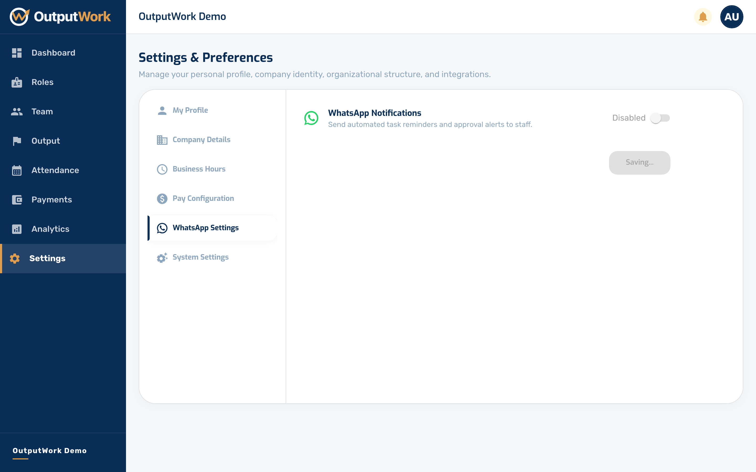 Click Save Configuration. Your team can now text the number to clock in and out, see and submit their tasks, and check their score and pay. Using OutputWork on WhatsApp, in the team's part of this gui