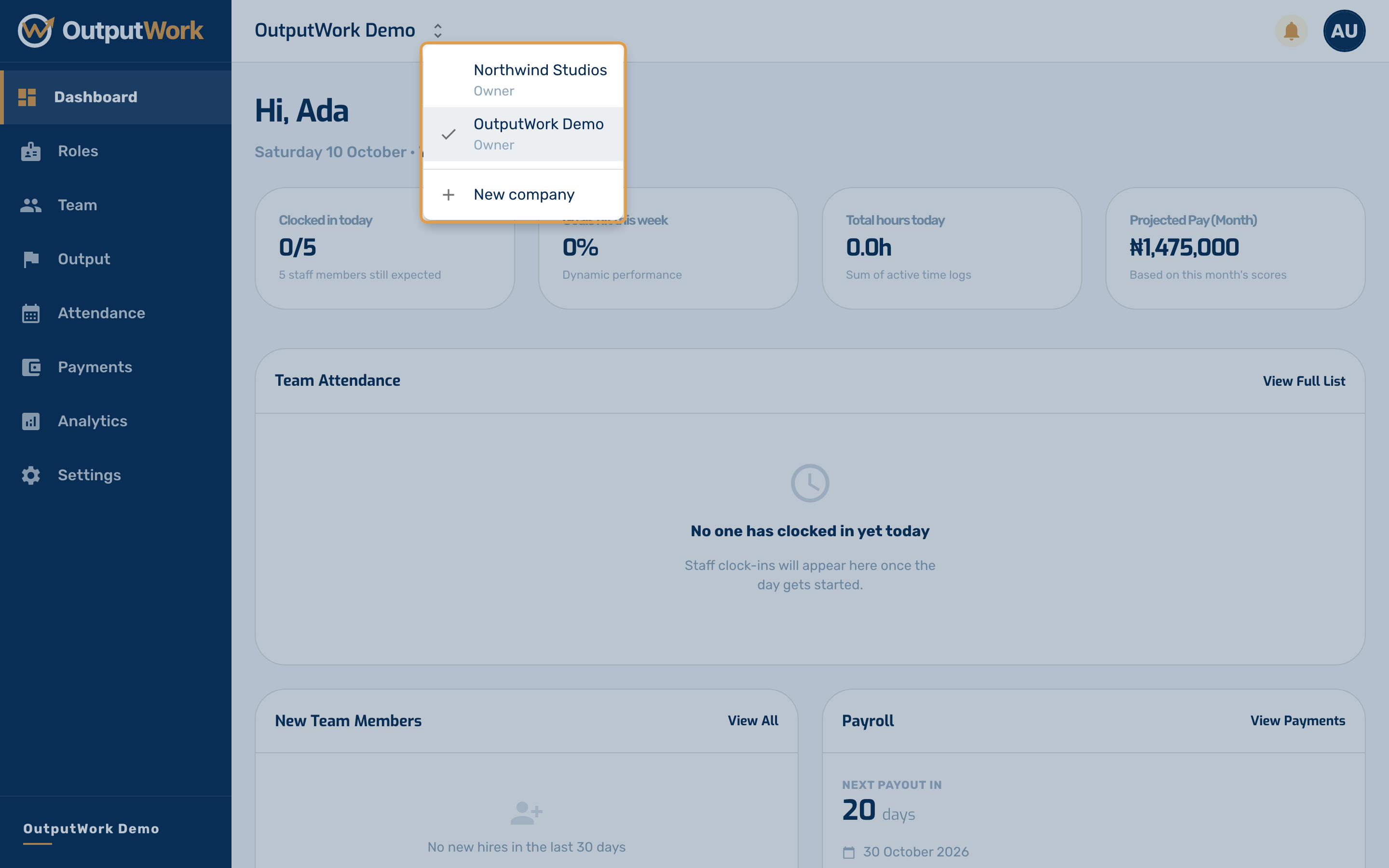Click it to see every company you belong to, with your role in each. Choose one to open it: as an owner or manager you get its admin workspace, as a team member your own.