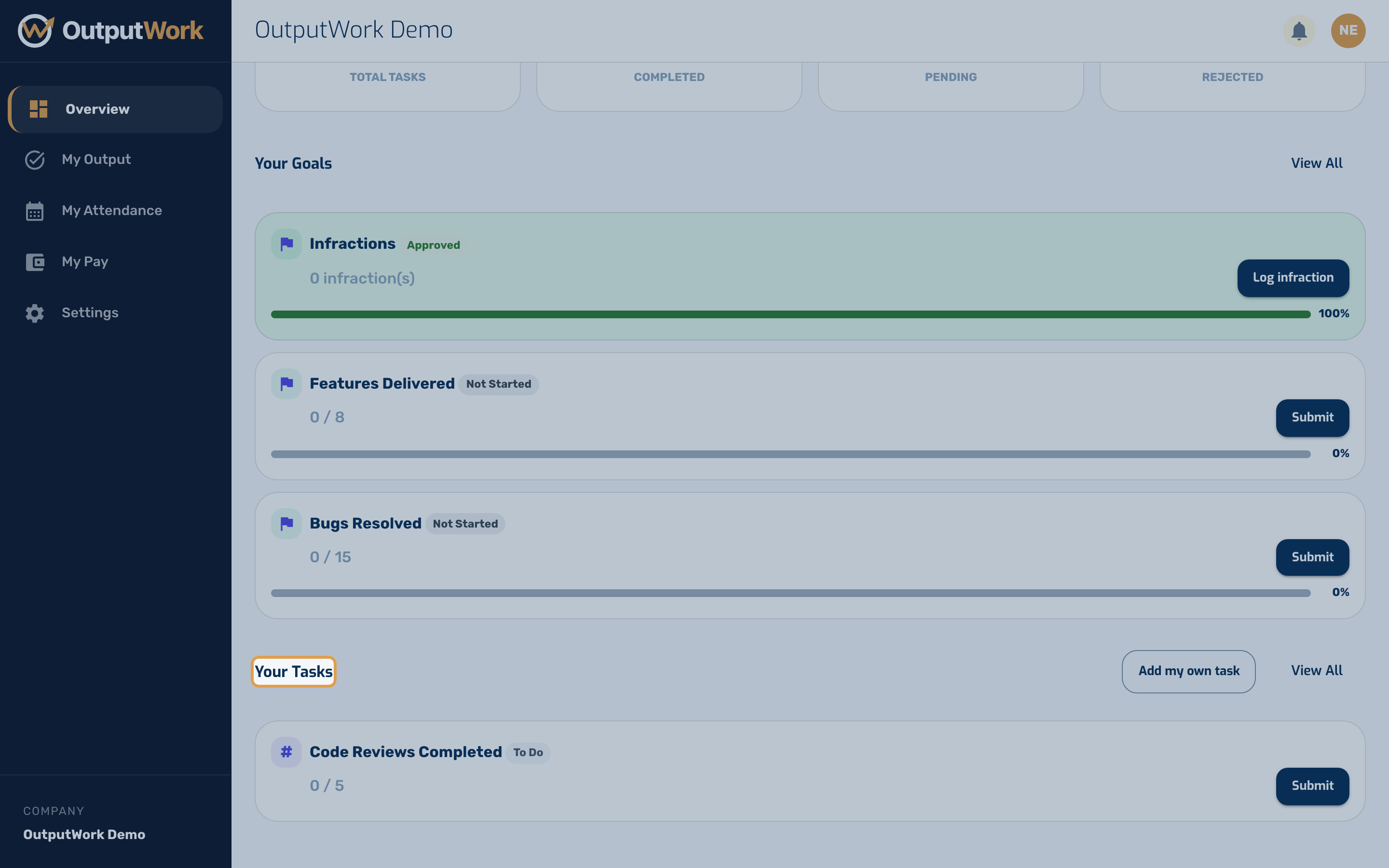 Your Tasks lists what is expected of you right now. Tasks appear here automatically, generated from the templates attached to your role — you do not have to create them.