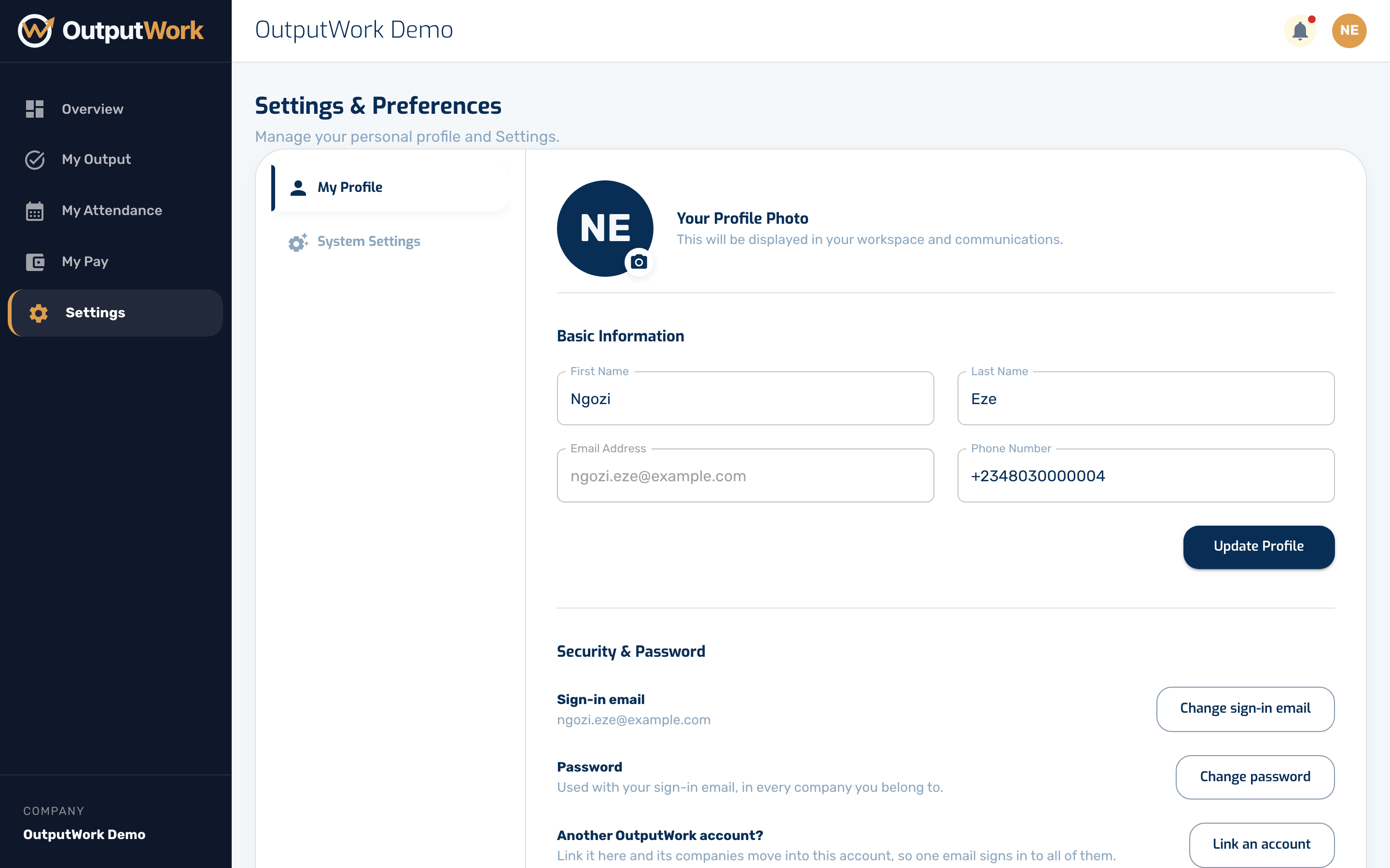 Settings is where you keep your own details current. Under My Profile you can update your phone number and photo.