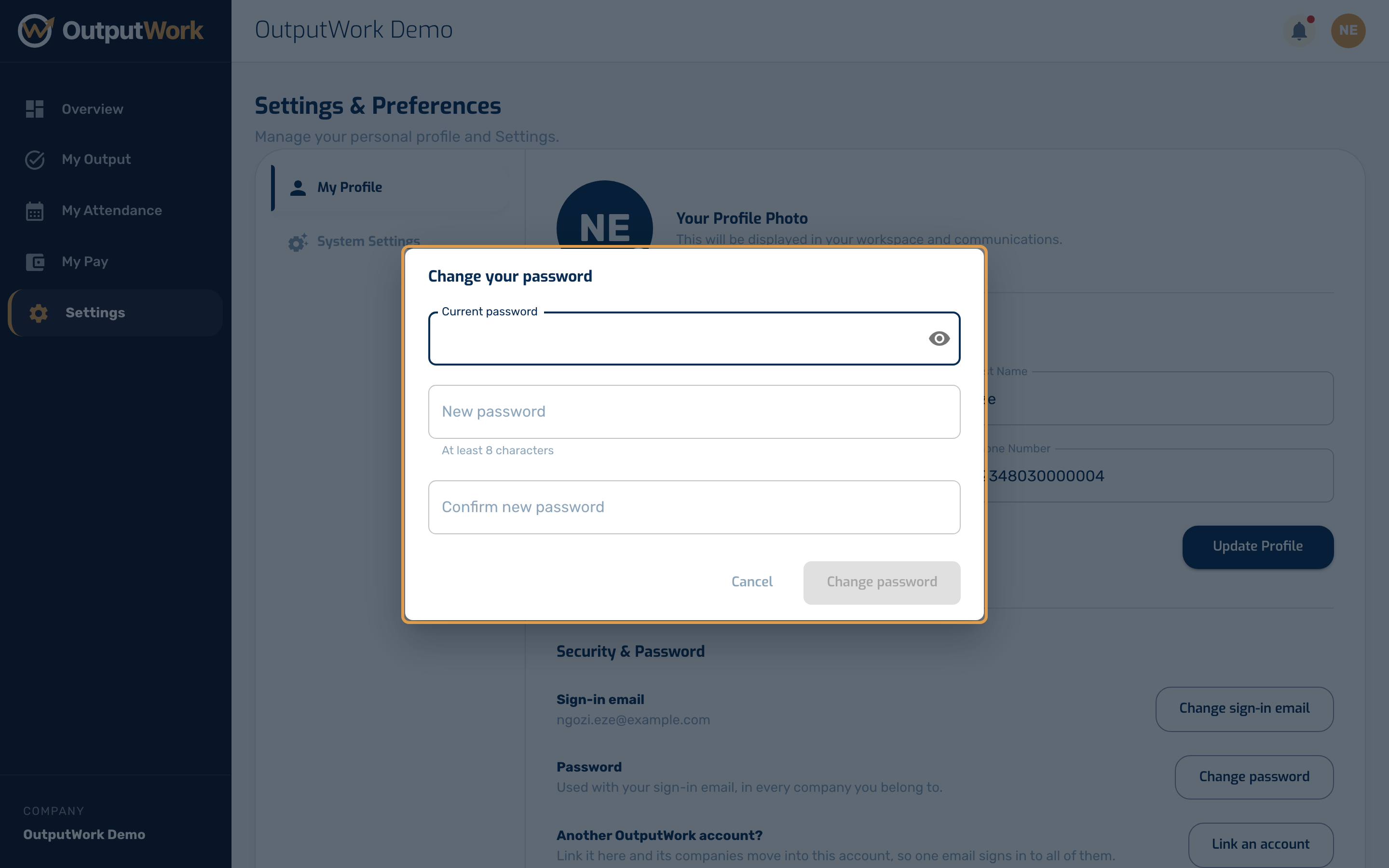 To change your password, click Change password under Security & Password. Enter your current password, then the new one twice (at least 8 characters), and click Change password. If the current one is
